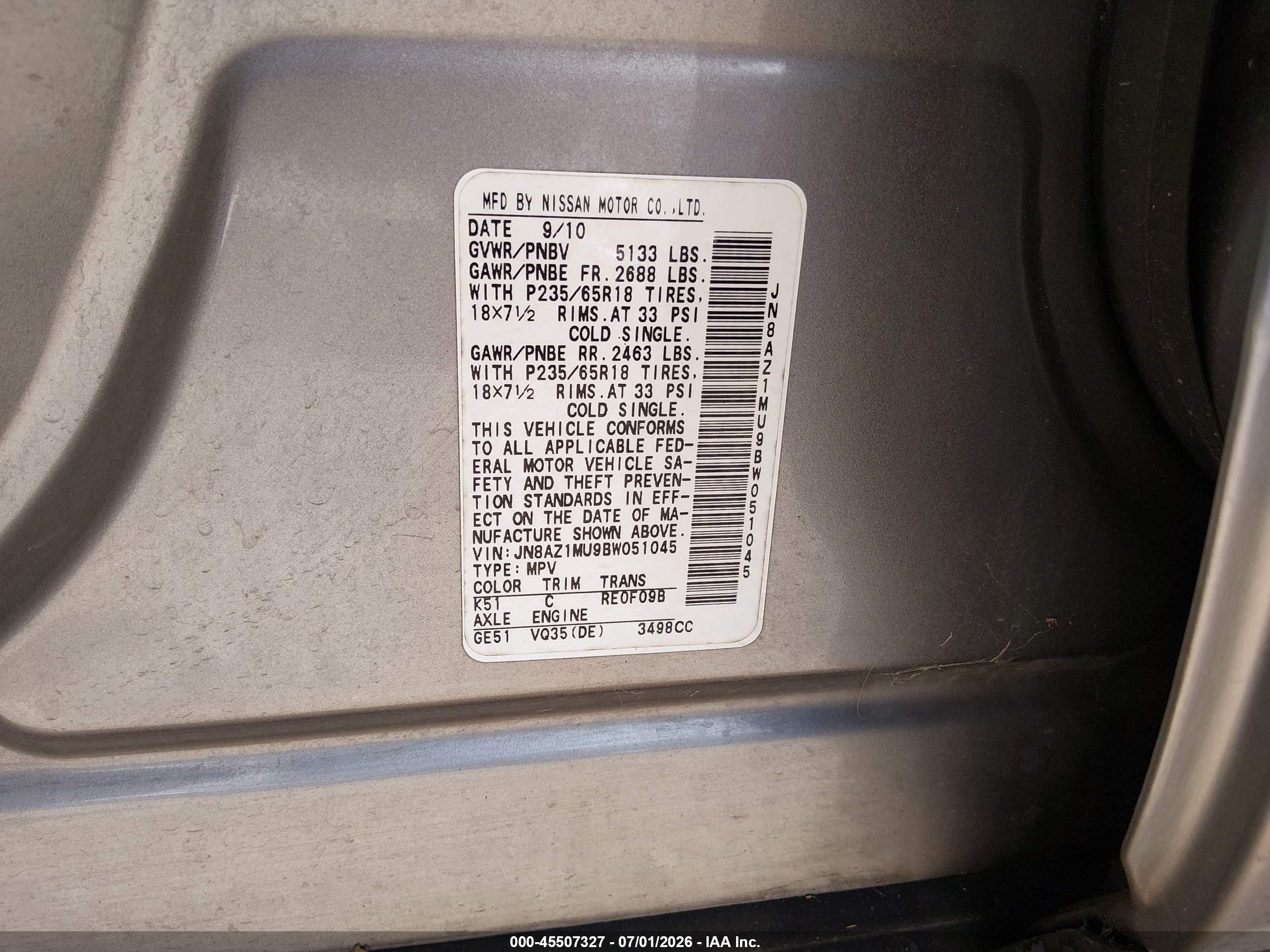 2011 Nissan Murano Sl Silver vin: JN8AZ1MU9BW051045