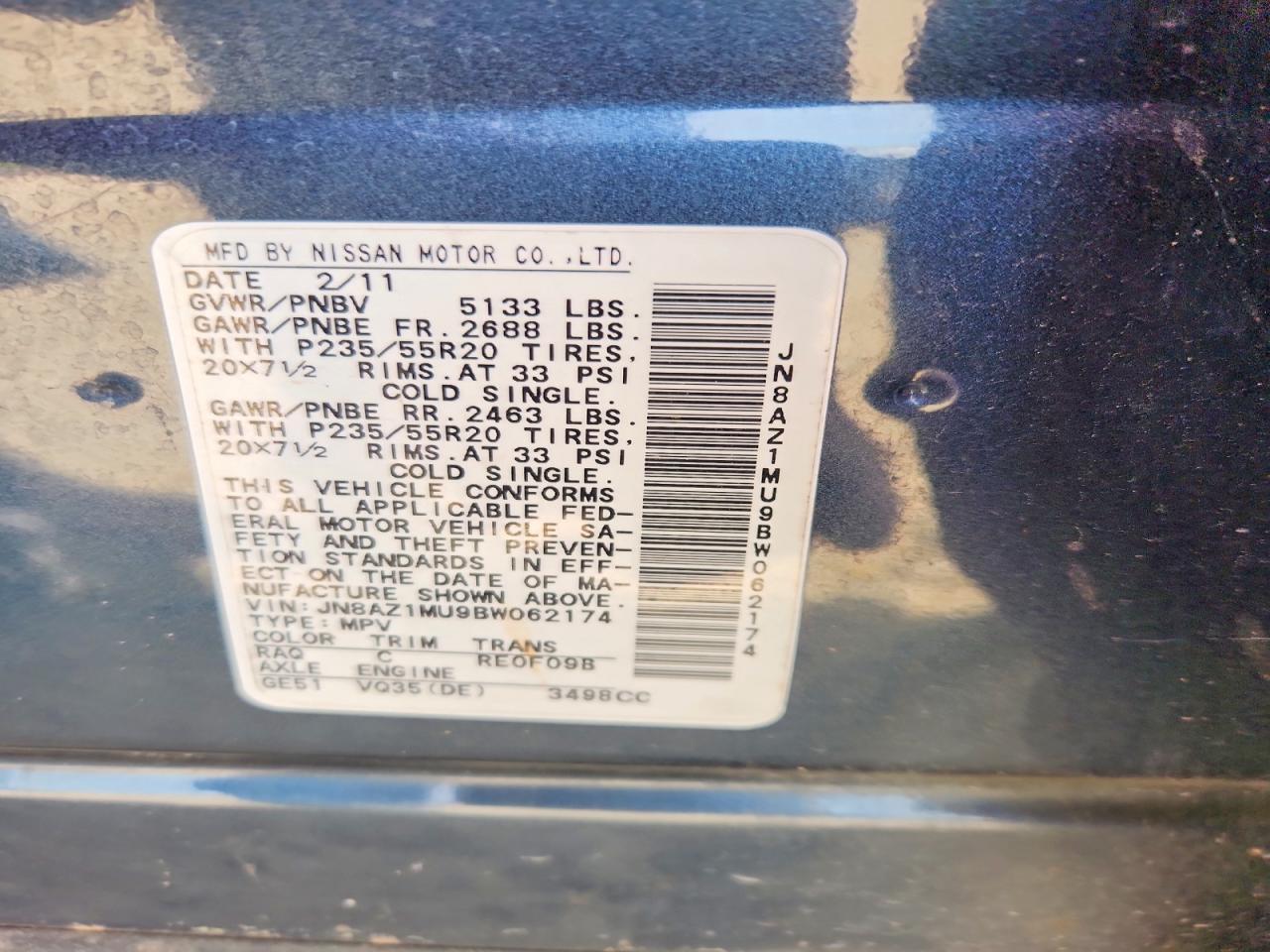 2011 Nissan Murano S Синий vin: JN8AZ1MU9BW062174