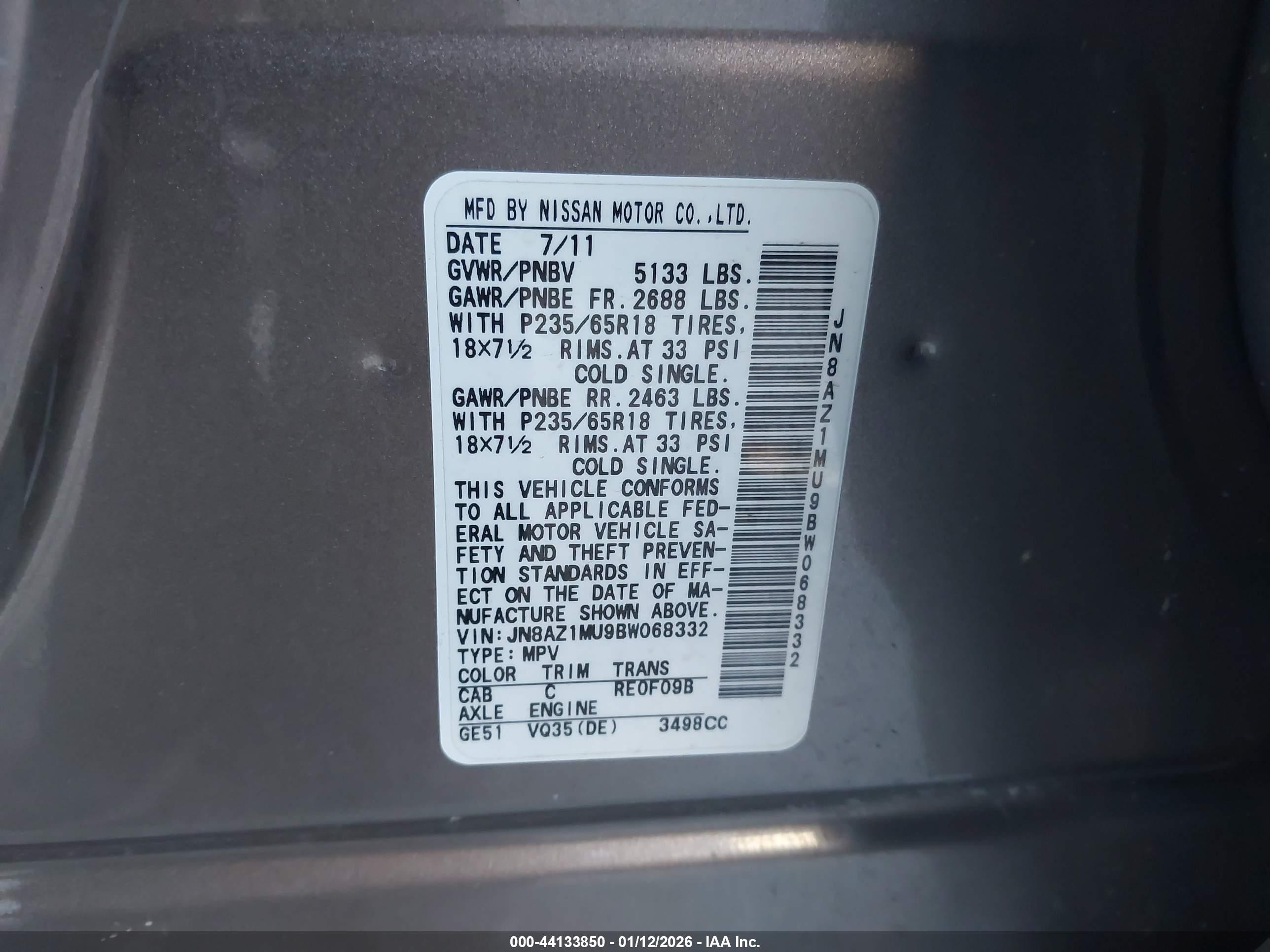 2011 Nissan Murano Sl Brown vin: JN8AZ1MU9BW068332