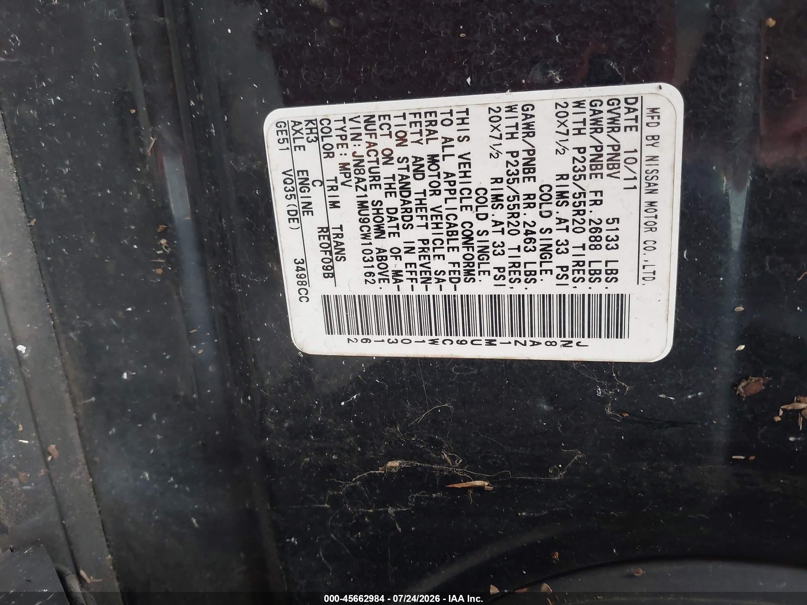 2012 Nissan Murano Le Черный vin: JN8AZ1MU9CW103162