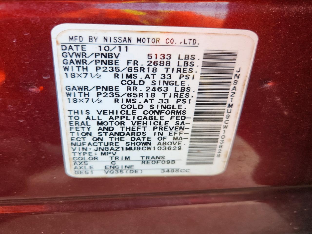 2012 Nissan Murano S Burgundy vin: JN8AZ1MU9CW103629
