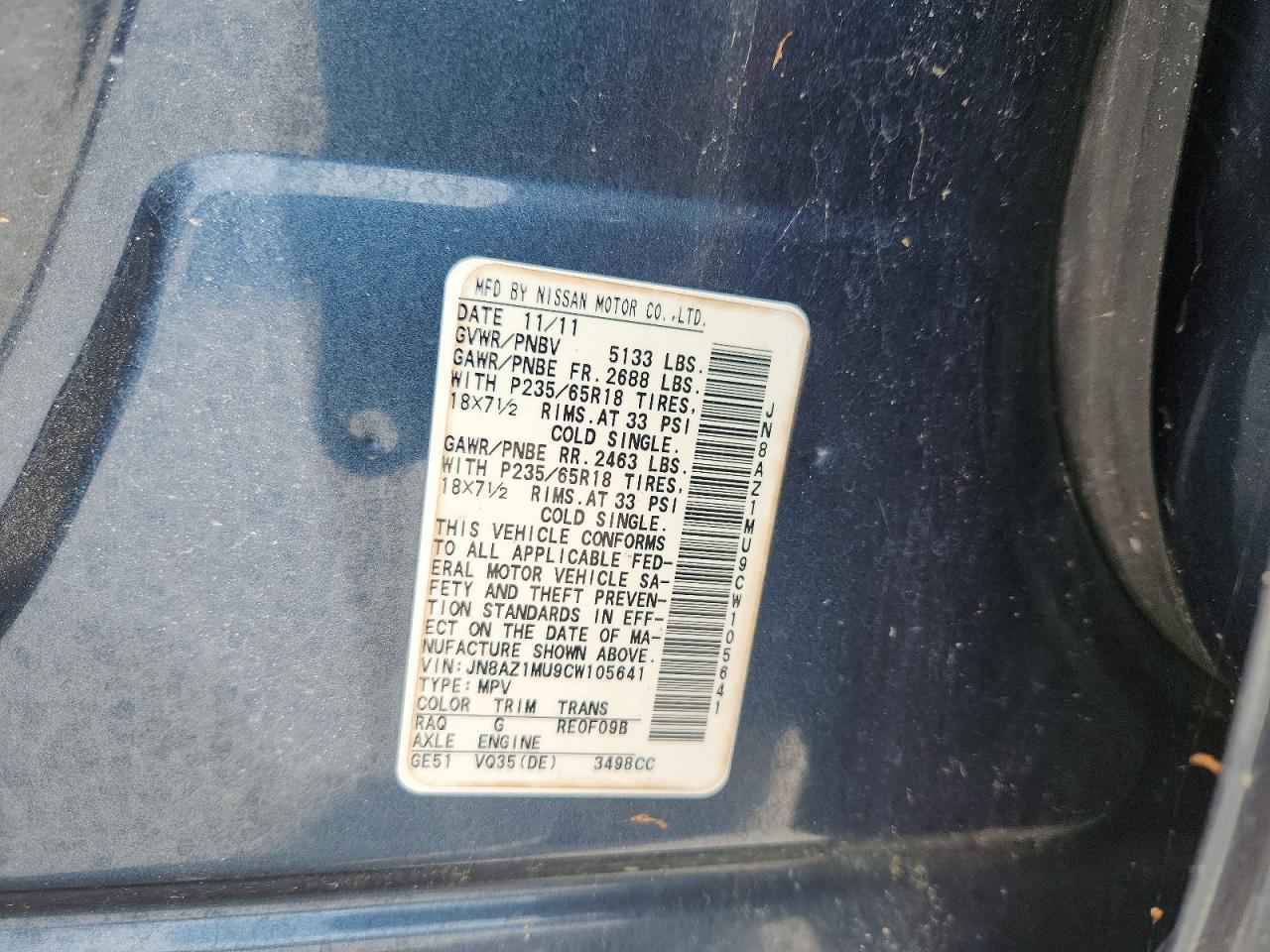 2012 Nissan Murano S Blue vin: JN8AZ1MU9CW105641