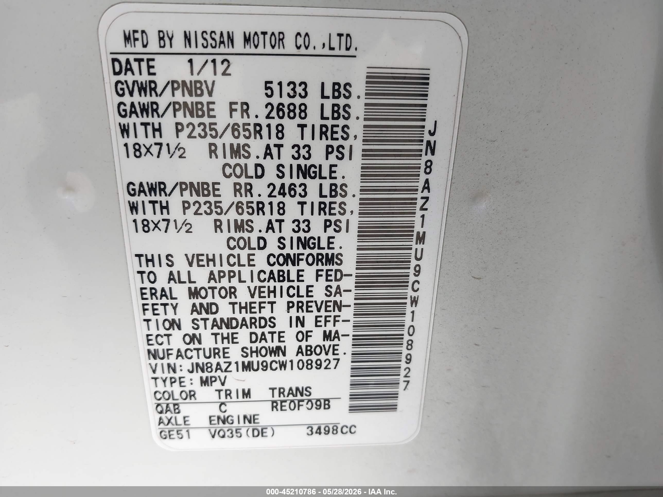 2012 Nissan Murano Sv White vin: JN8AZ1MU9CW108927