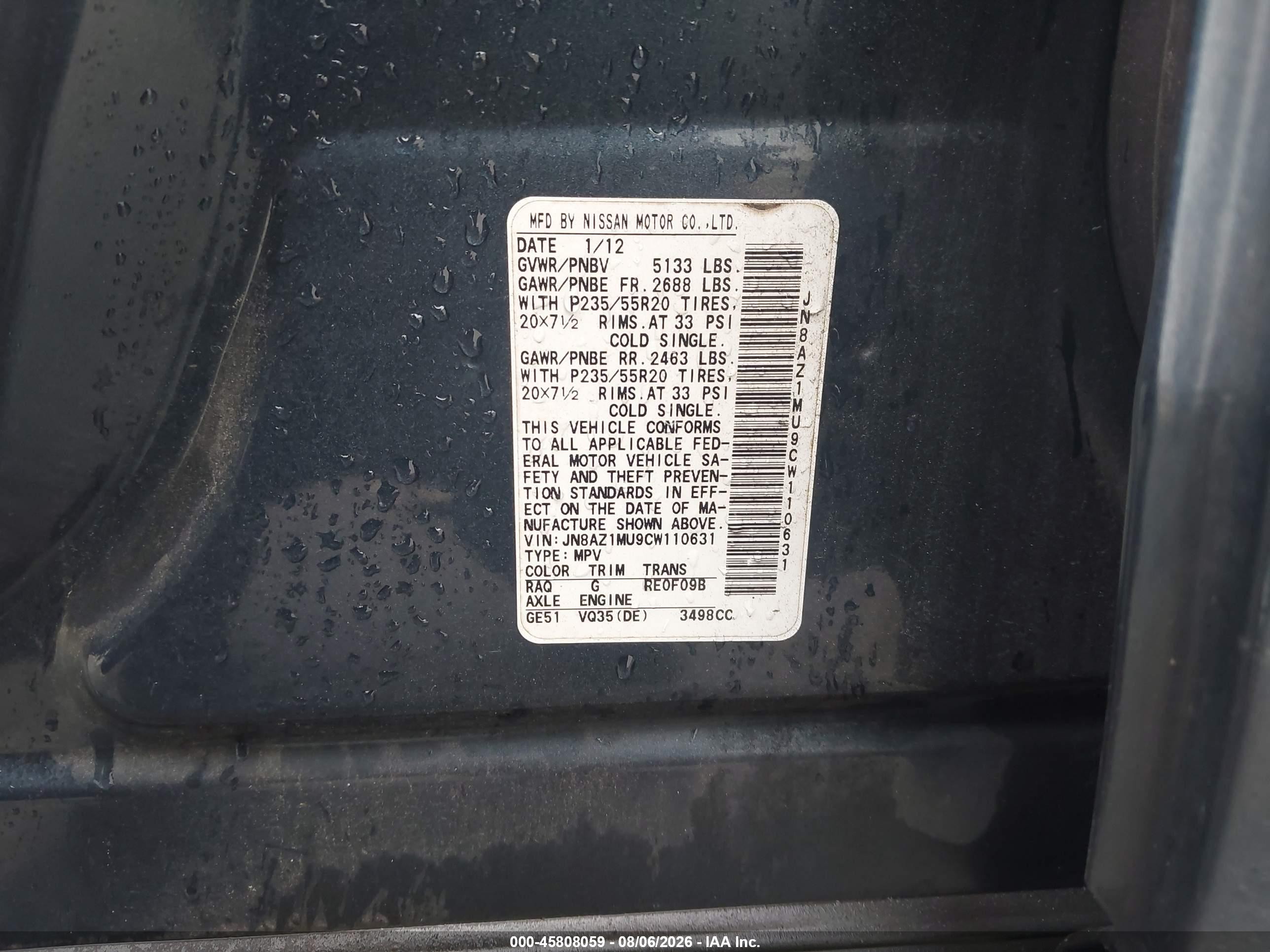 2012 Nissan Murano Le Синий vin: JN8AZ1MU9CW110631
