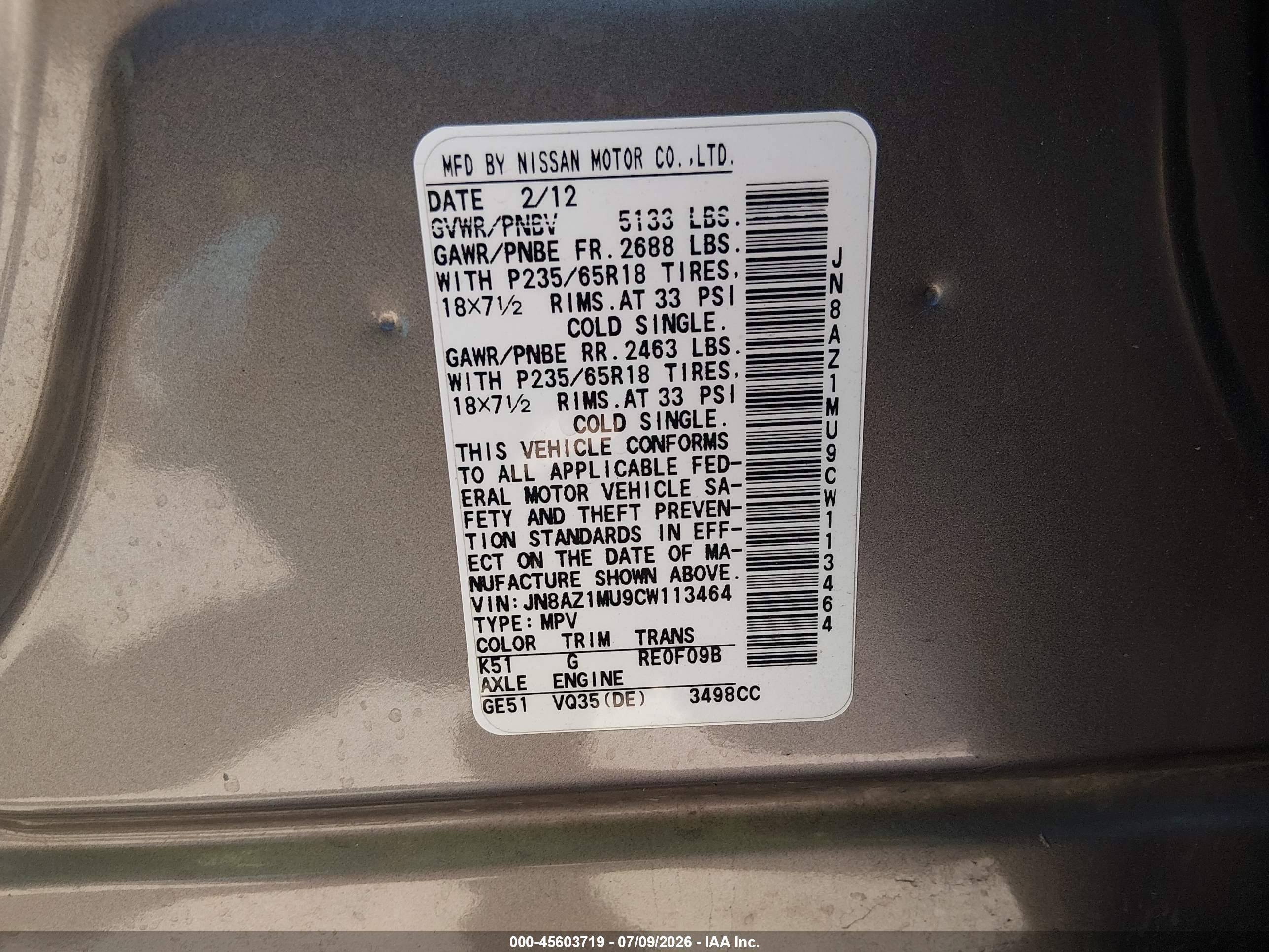 2012 Nissan Murano Sv Gray vin: JN8AZ1MU9CW113464