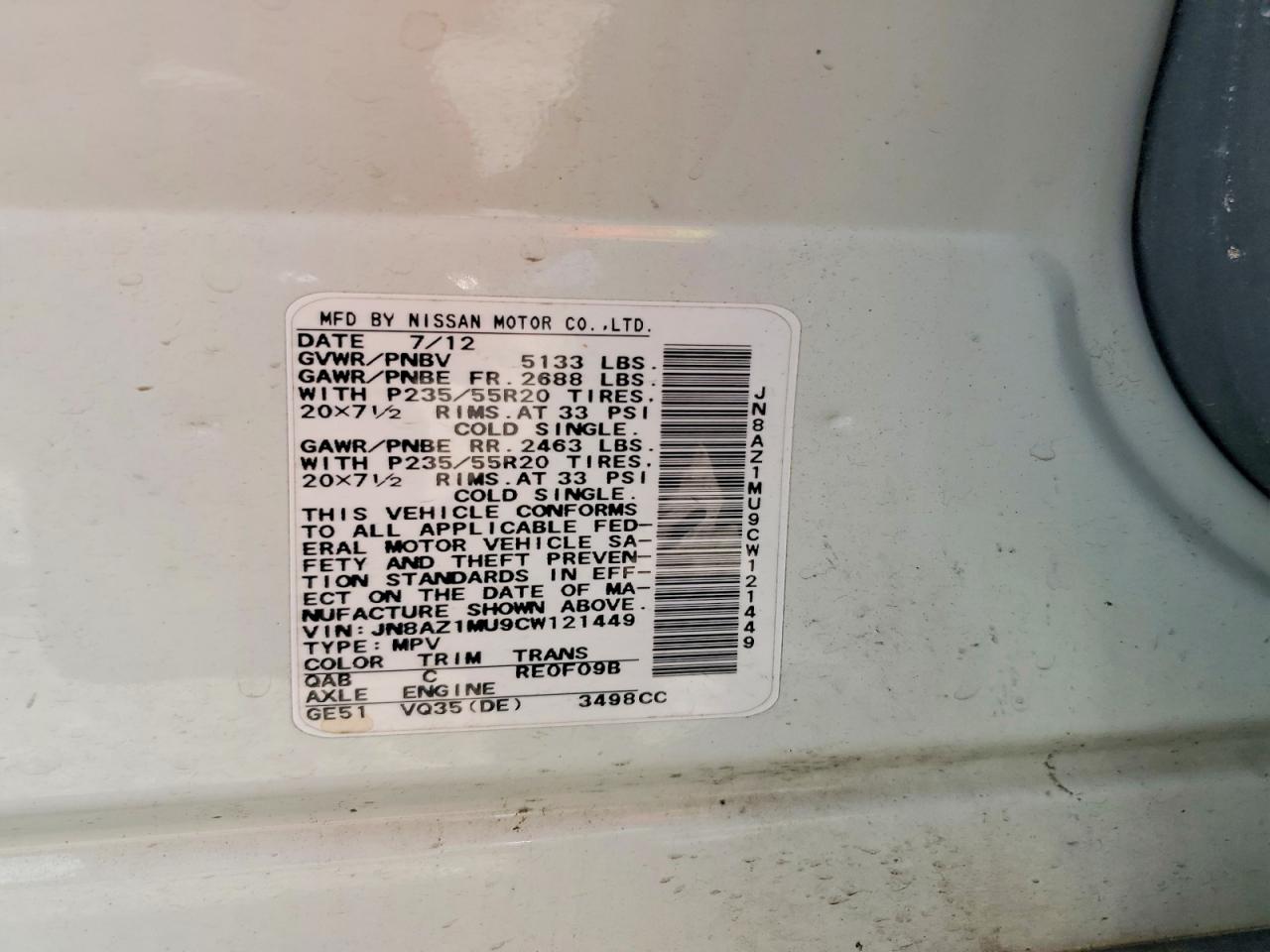 2012 Nissan Murano S White vin: JN8AZ1MU9CW121449