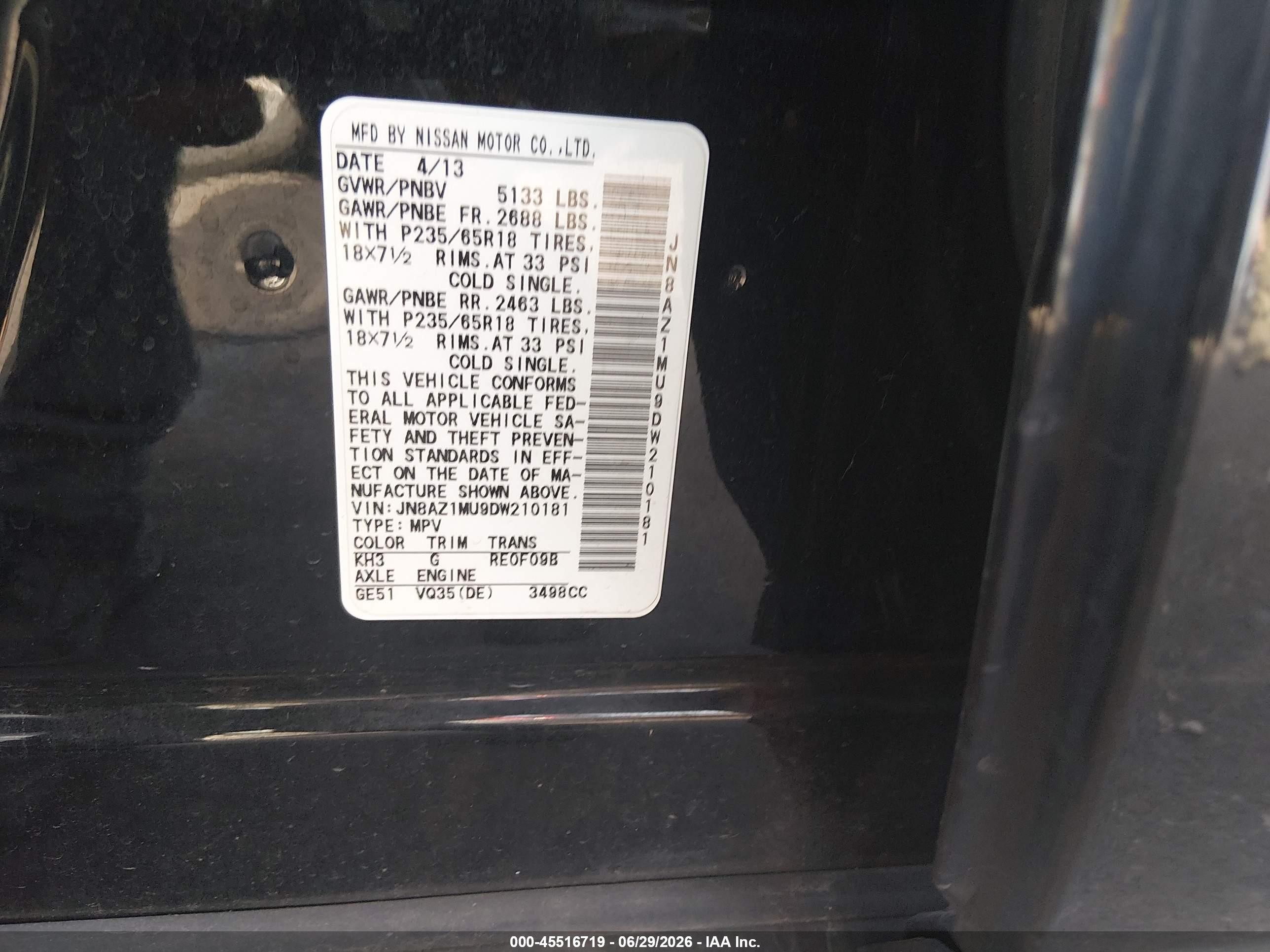 2013 Nissan Murano S Black vin: JN8AZ1MU9DW210181