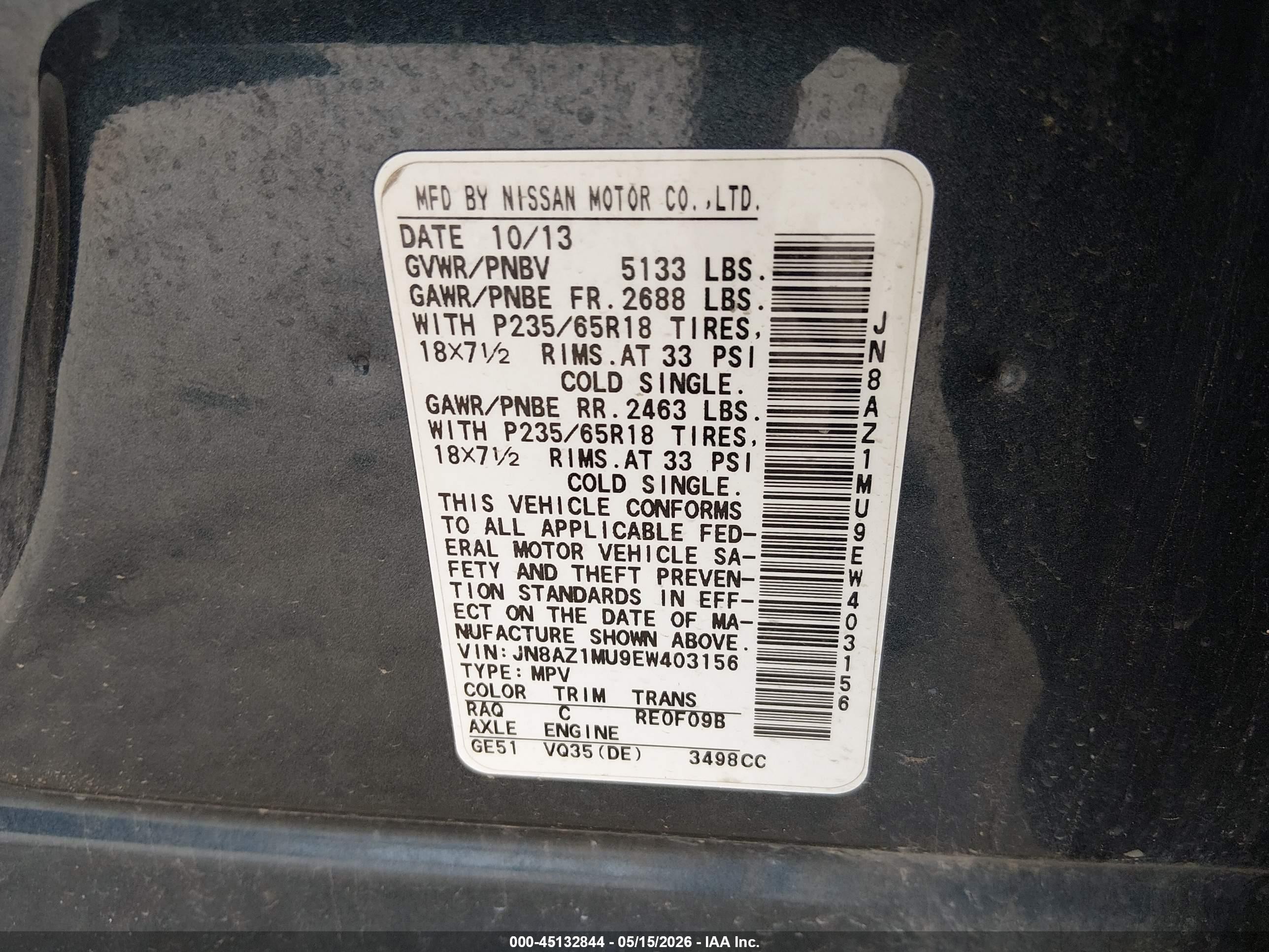 2014 Nissan Murano S Dark Blue vin: JN8AZ1MU9EW403156