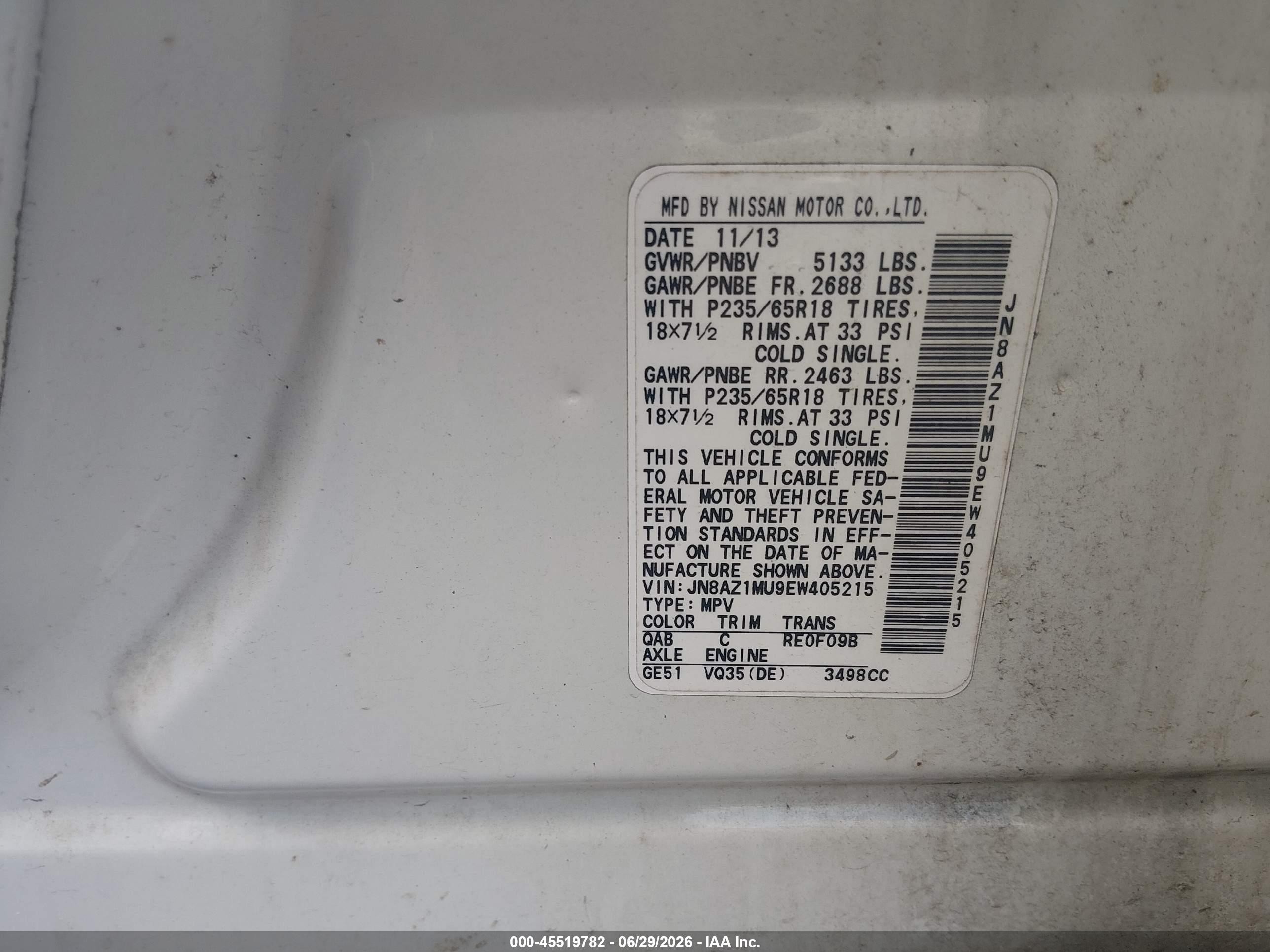 2014 Nissan Murano Sl White vin: JN8AZ1MU9EW405215
