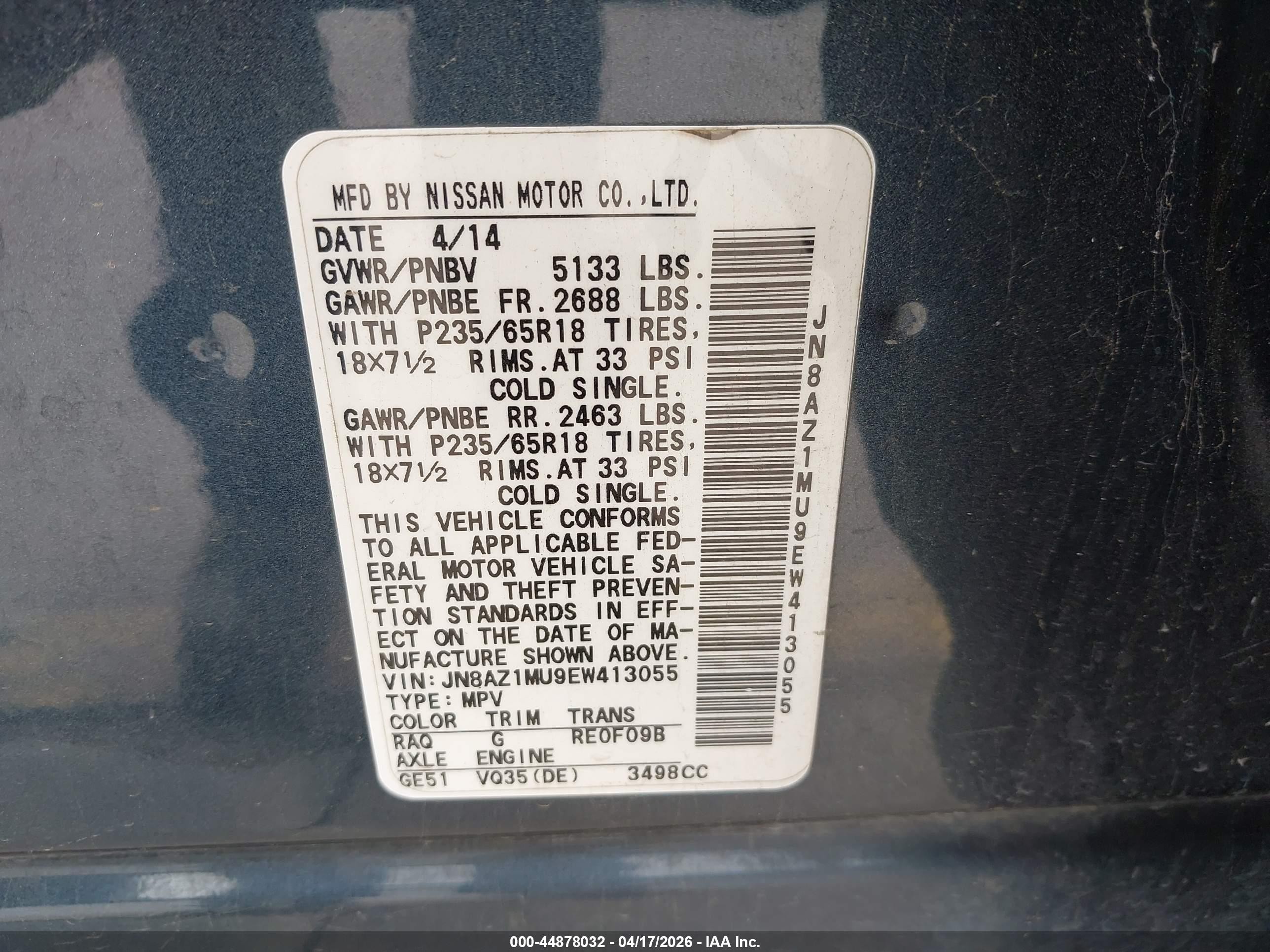 2014 Nissan Murano Sv Gray vin: JN8AZ1MU9EW413055