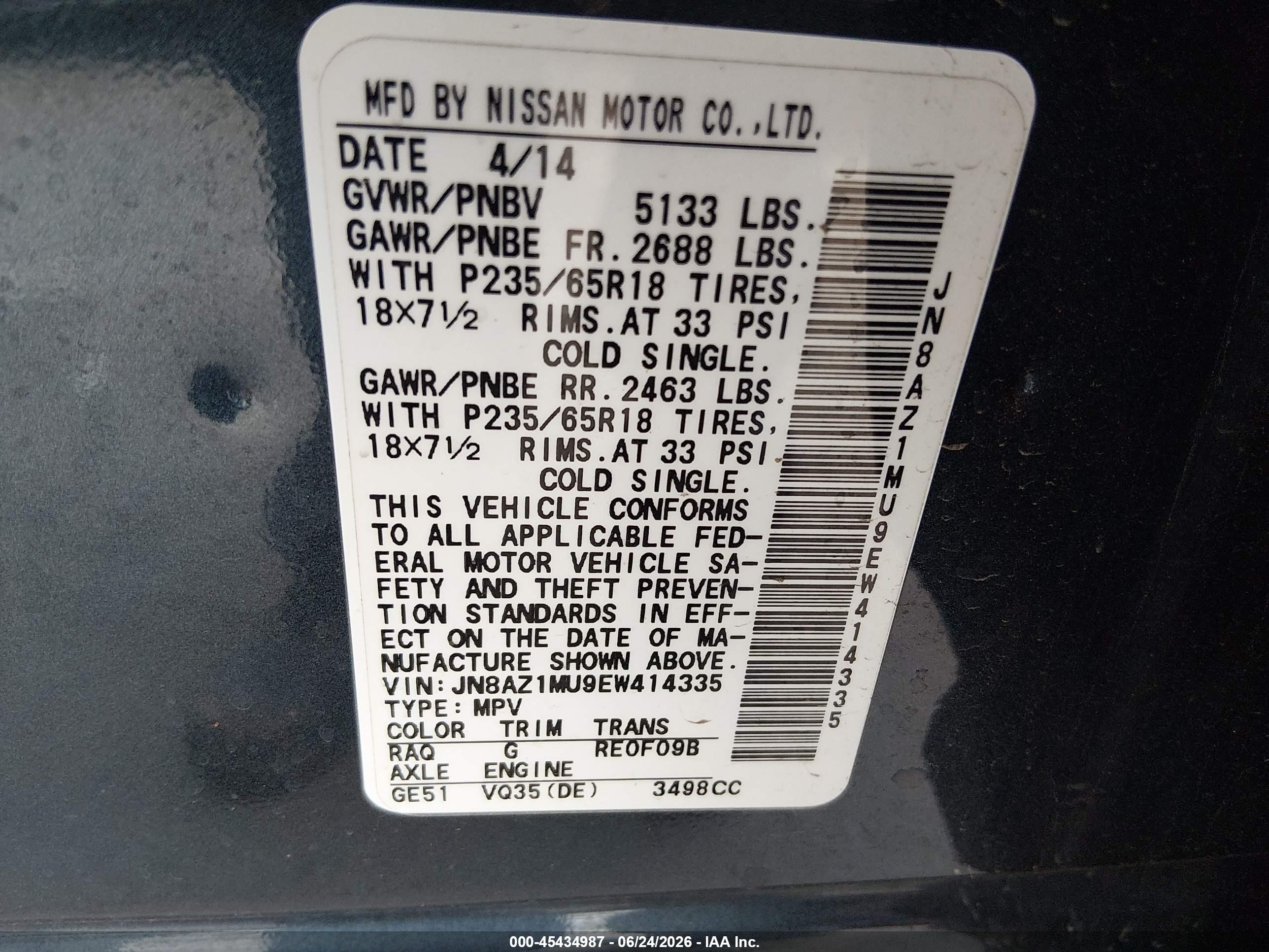 2014 Nissan Murano S Gray vin: JN8AZ1MU9EW414335