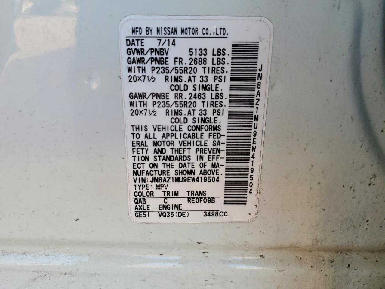 2014 Nissan Murano Le White vin: JN8AZ1MU9EW419504
