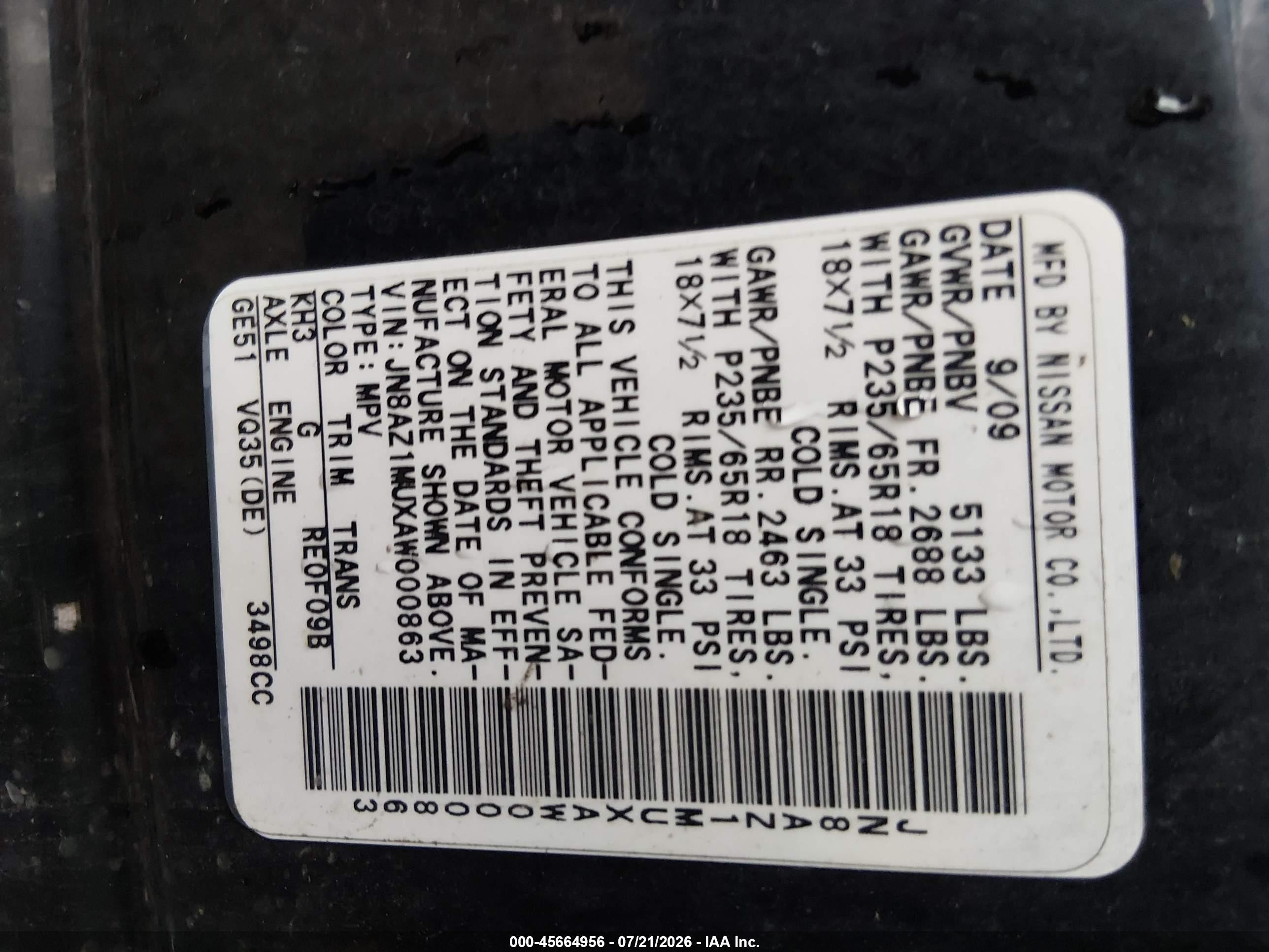 2010 Nissan Murano S Black vin: JN8AZ1MUXAW000863