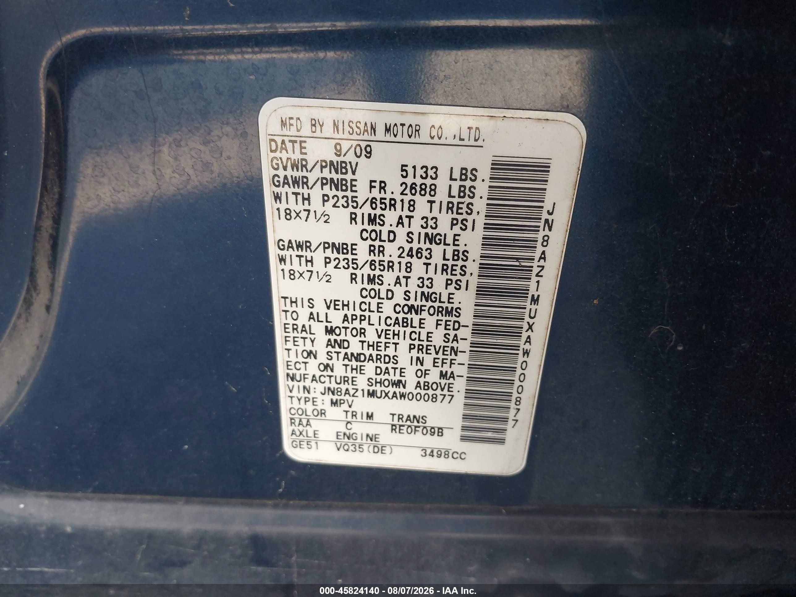 2010 Nissan Murano Sl Blue vin: JN8AZ1MUXAW000877