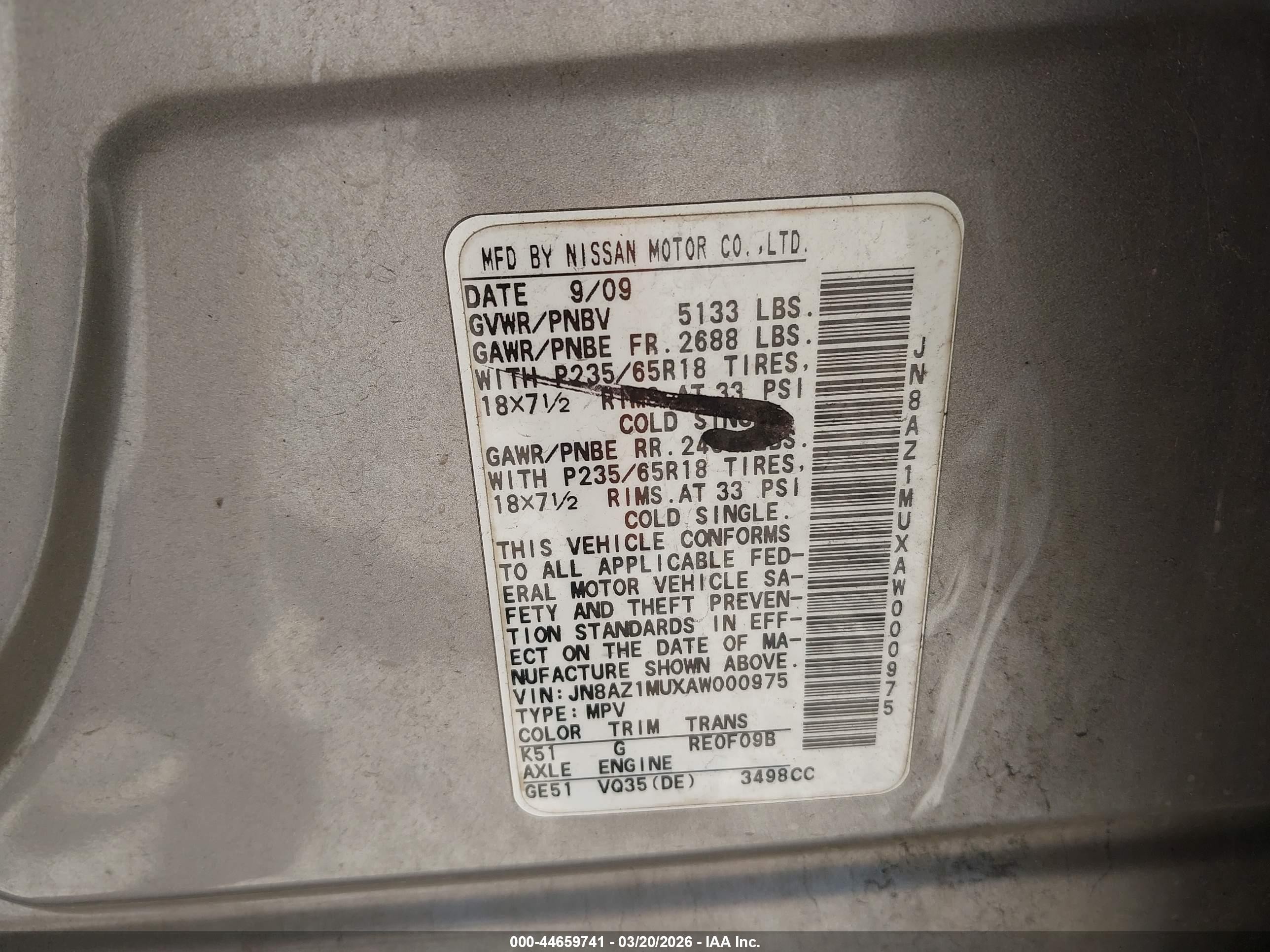 2010 Nissan Murano Sl Gray vin: JN8AZ1MUXAW000975