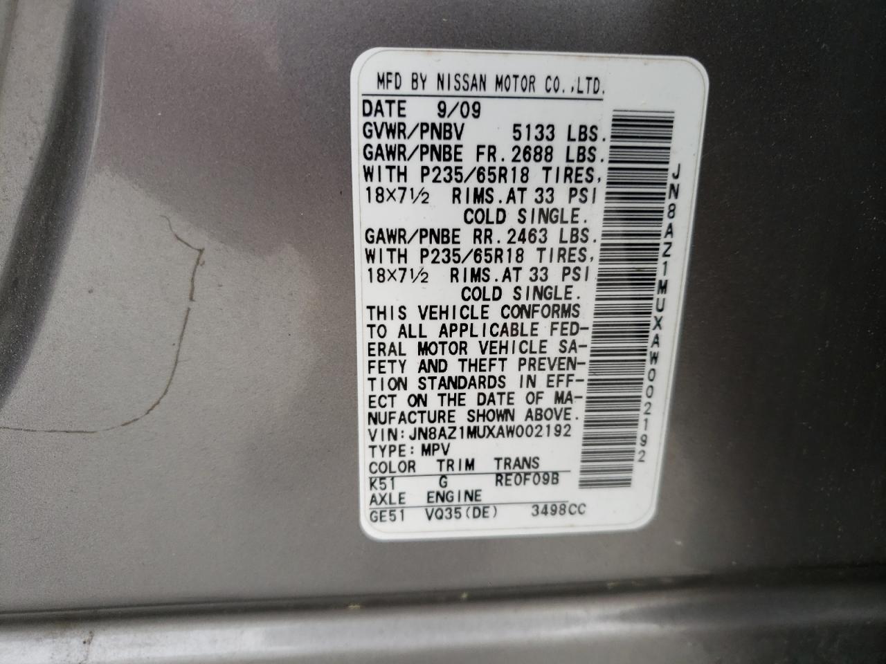 2010 Nissan Murano S Серебряный vin: JN8AZ1MUXAW002192