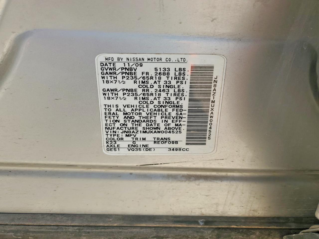 2010 Nissan Murano S Silver vin: JN8AZ1MUXAW004525