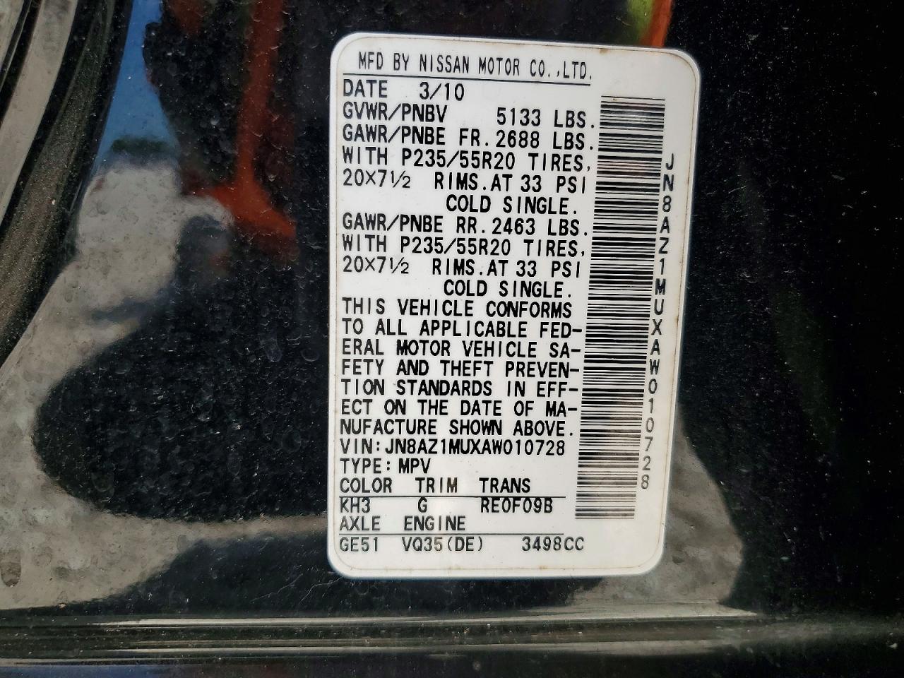 2010 Nissan Murano S Black vin: JN8AZ1MUXAW010728