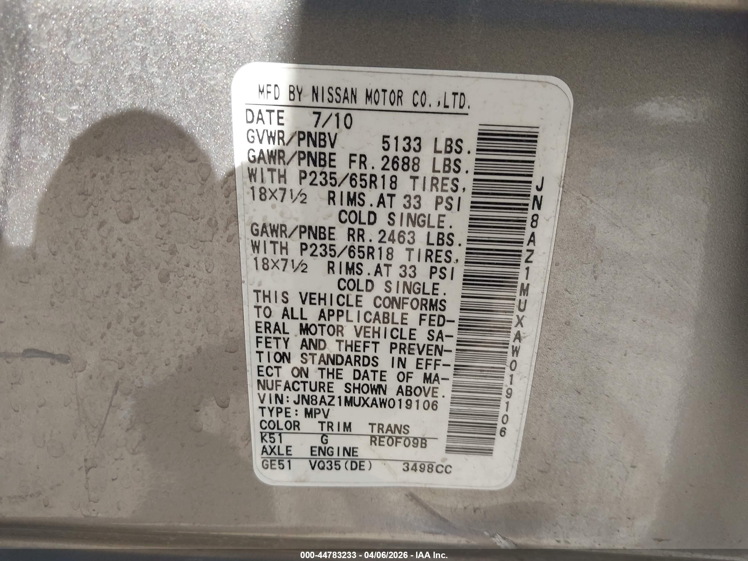 2010 Nissan Murano S Gray vin: JN8AZ1MUXAW019106