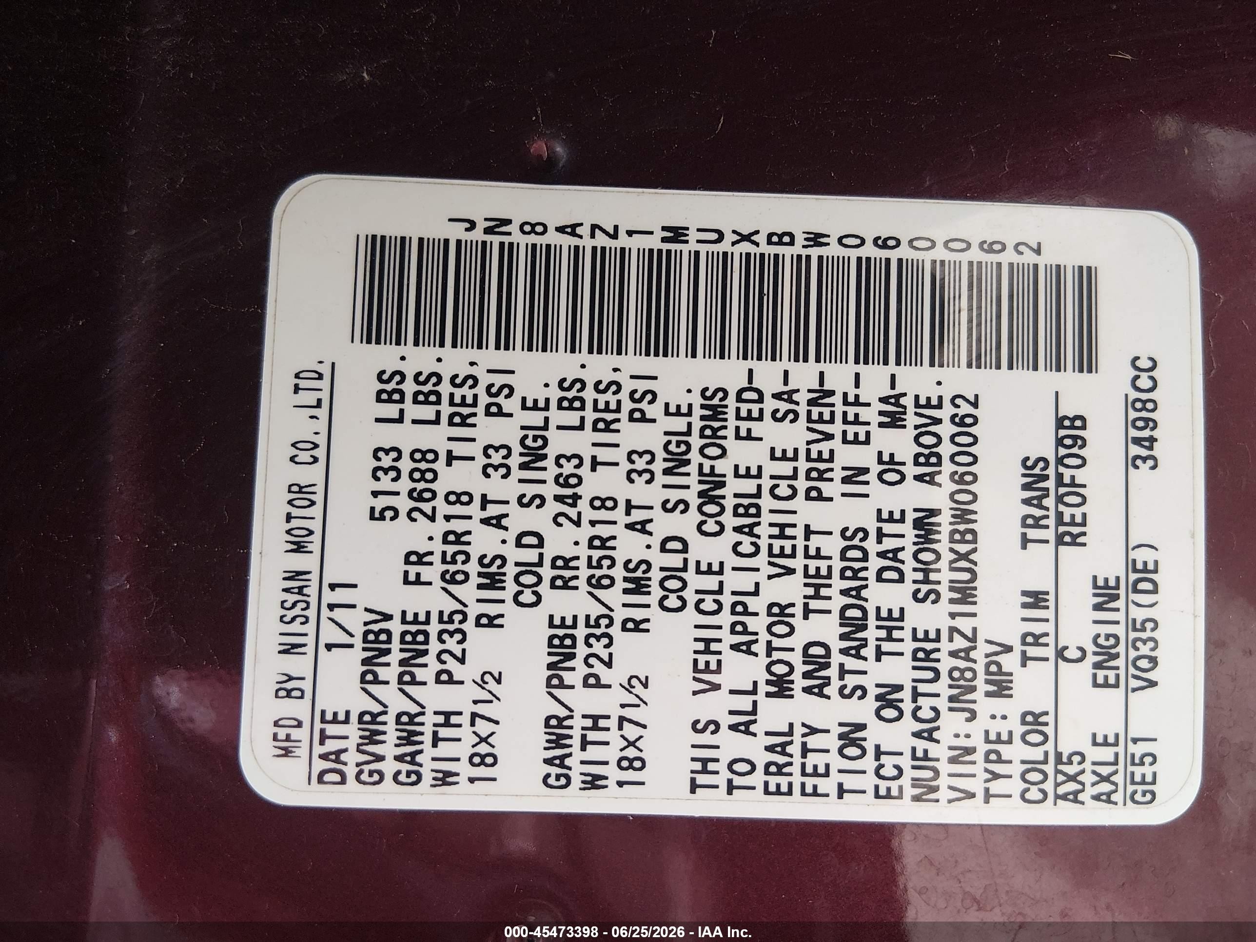 2011 Nissan Murano S Maroon vin: JN8AZ1MUXBW060062