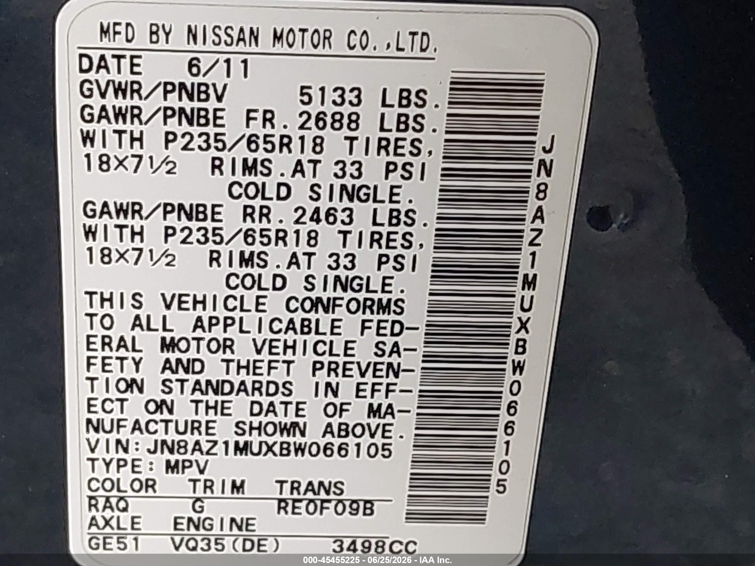 2011 Nissan Murano Sv Green vin: JN8AZ1MUXBW066105