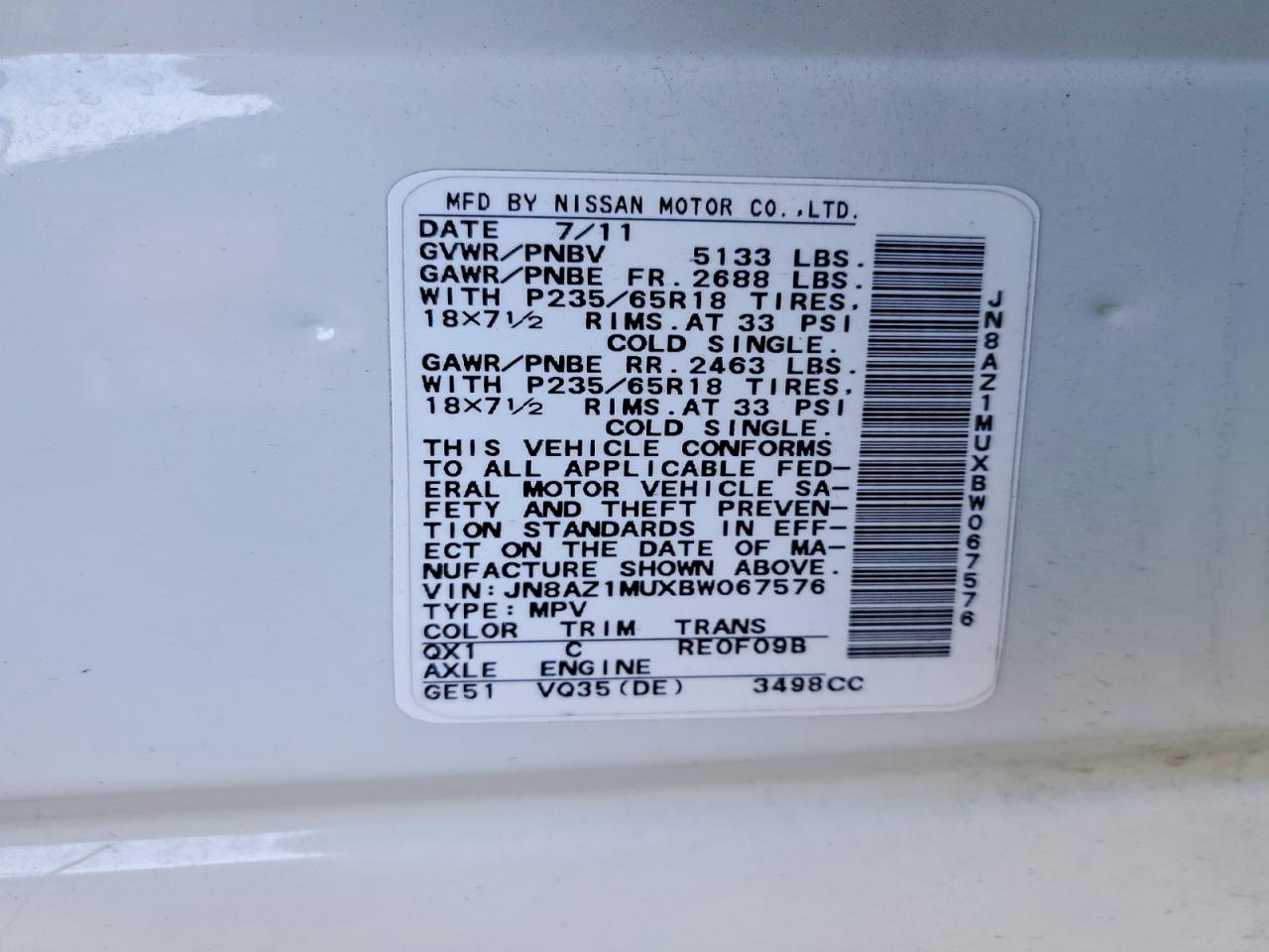 2011 Nissan Murano S Two Tone vin: JN8AZ1MUXBW067576