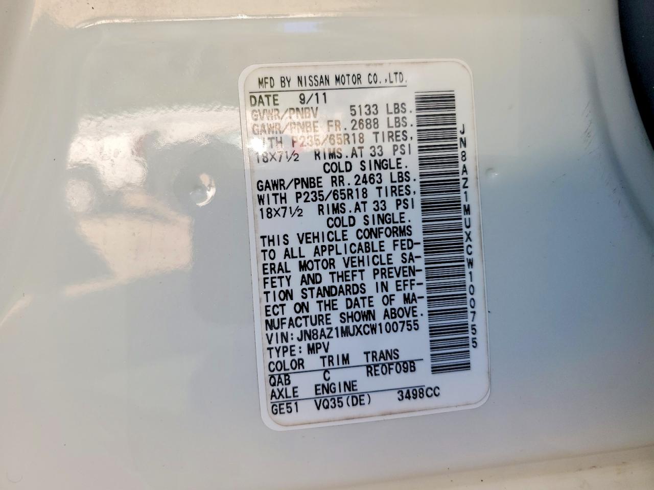 2012 Nissan Murano S White vin: JN8AZ1MUXCW100755