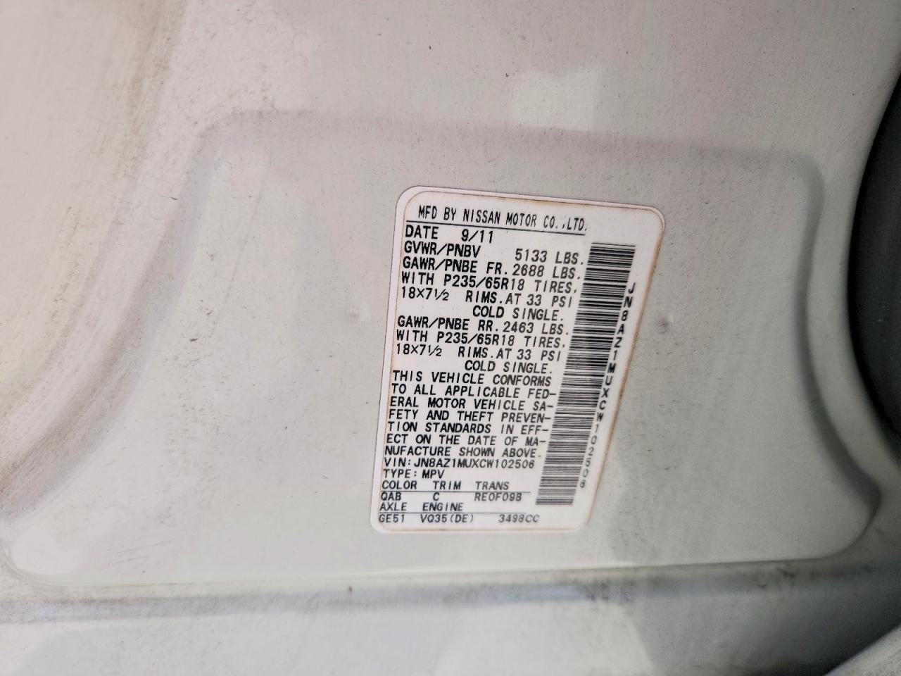 2012 Nissan Murano S White vin: JN8AZ1MUXCW102506
