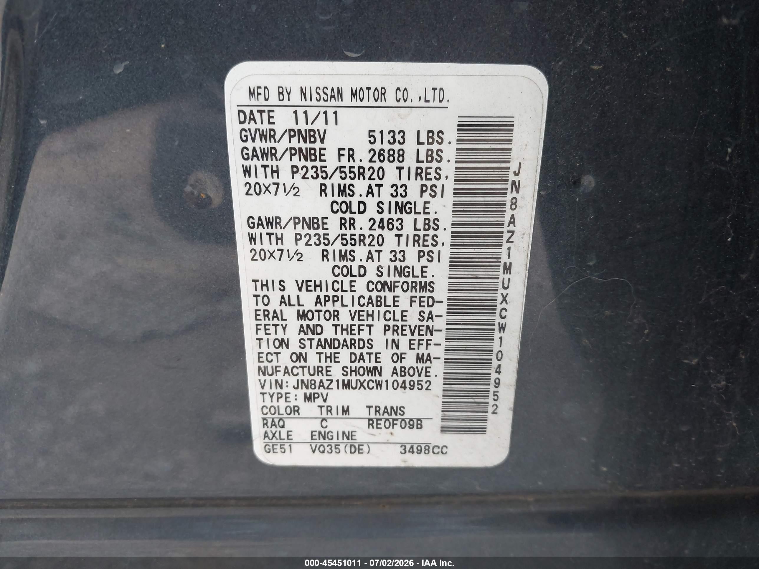 2012 Nissan Murano Le Light Blue vin: JN8AZ1MUXCW104952