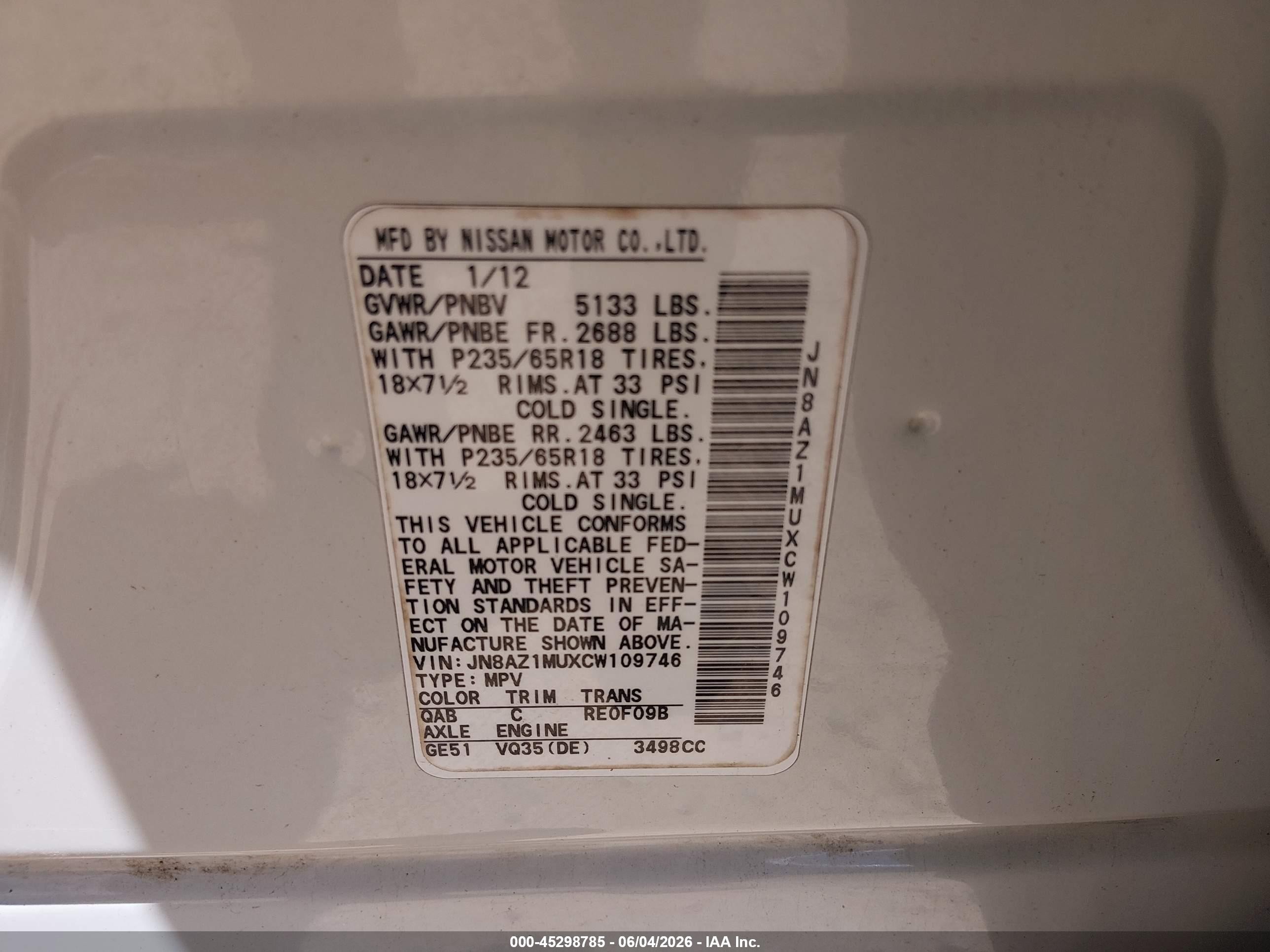 2012 Nissan Murano S White vin: JN8AZ1MUXCW109746