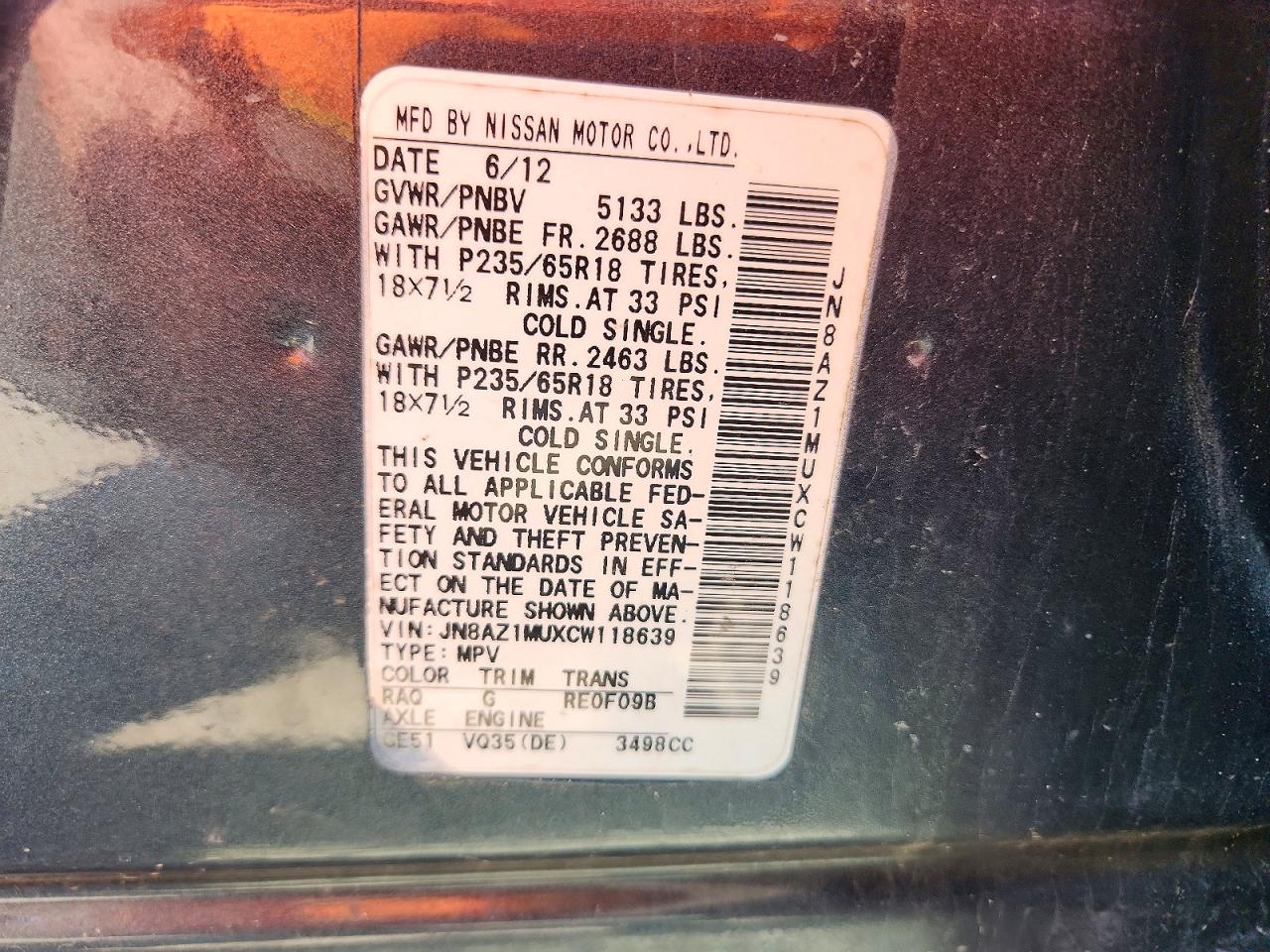 2012 Nissan Murano S Blue vin: JN8AZ1MUXCW118639