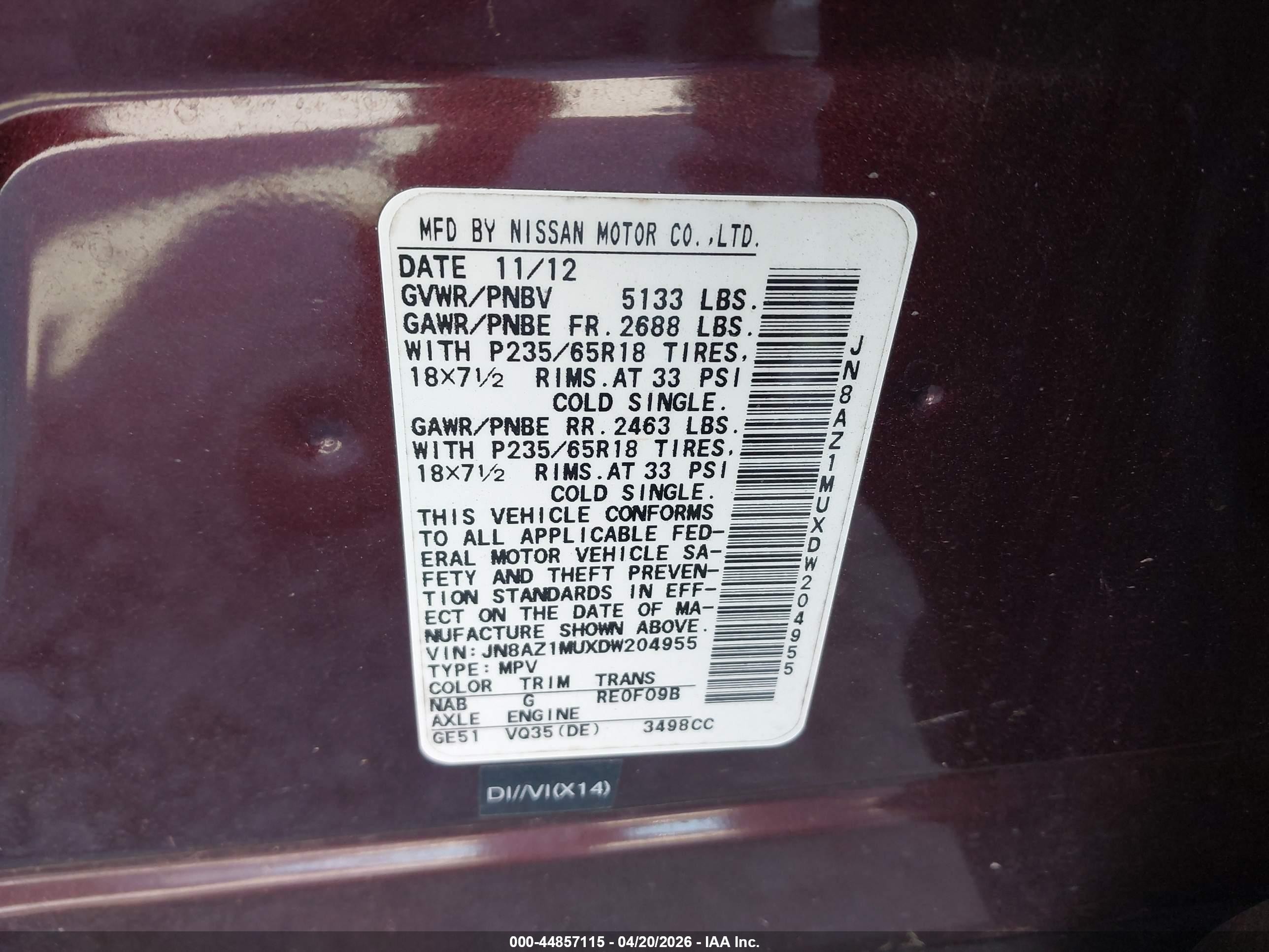 2013 Nissan Murano S Burgundy vin: JN8AZ1MUXDW204955