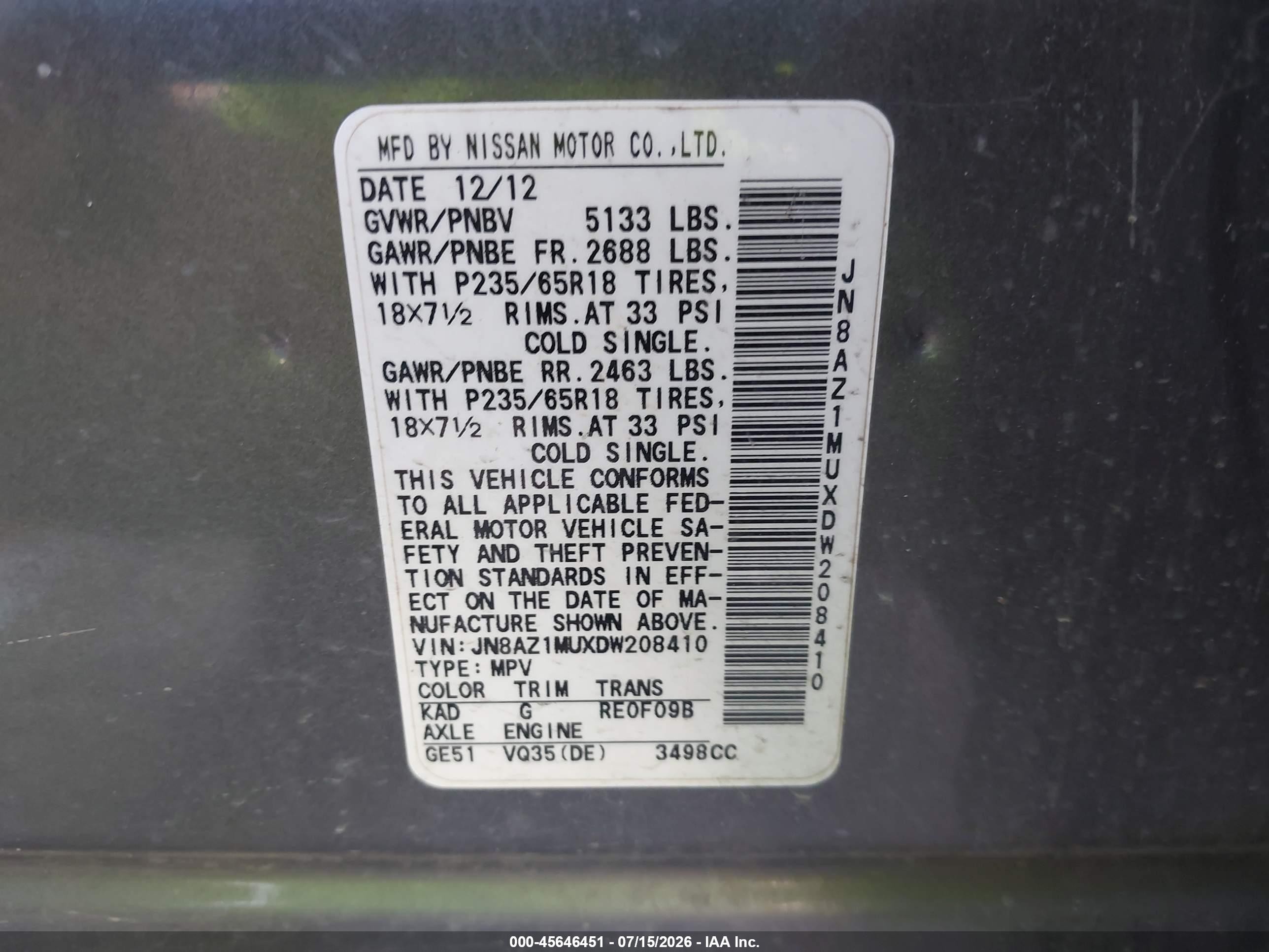 2013 Nissan Murano S Gray vin: JN8AZ1MUXDW208410