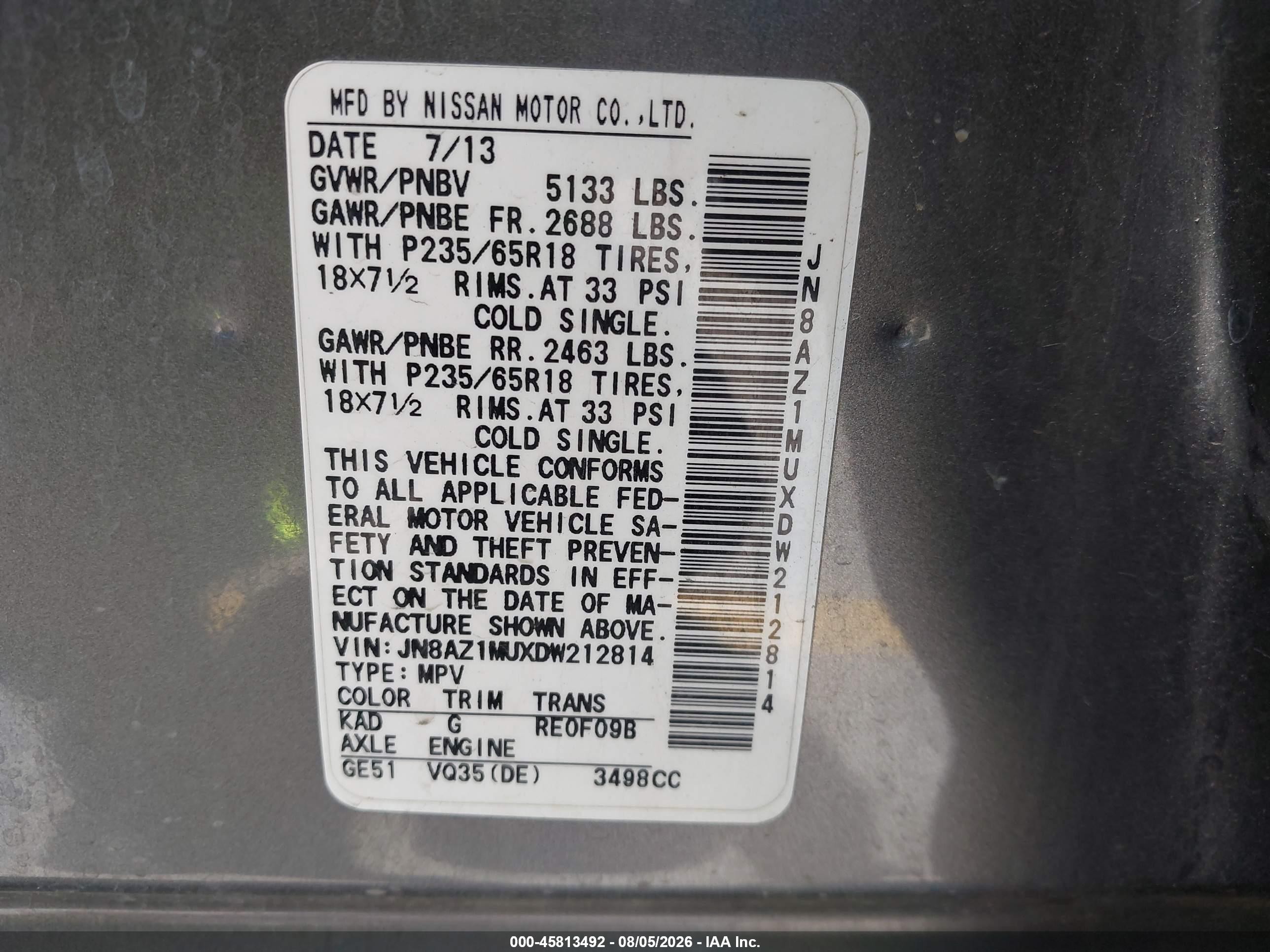 2013 Nissan Murano S Gray vin: JN8AZ1MUXDW212814