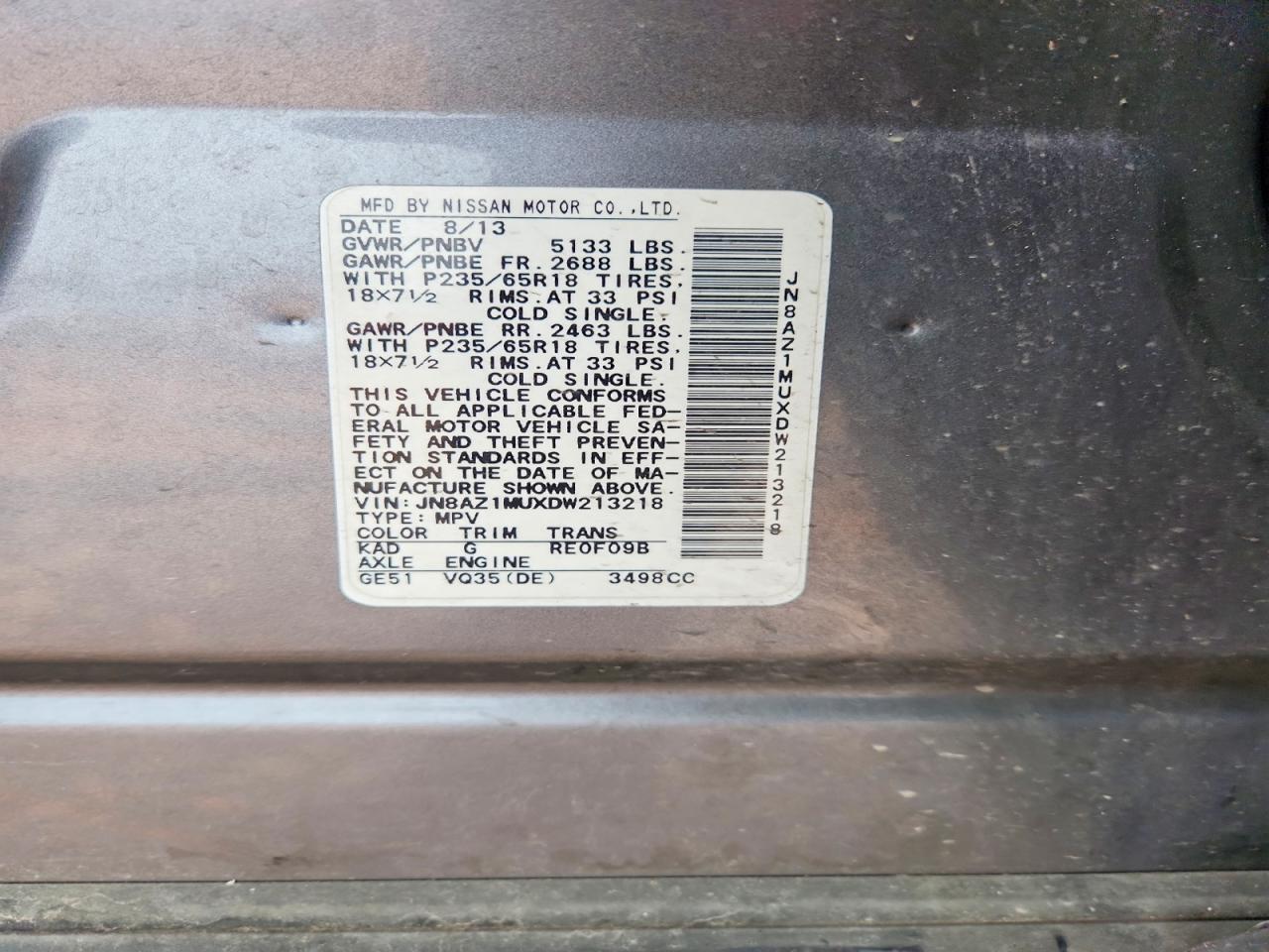 2013 Nissan Murano S Gray vin: JN8AZ1MUXDW213218