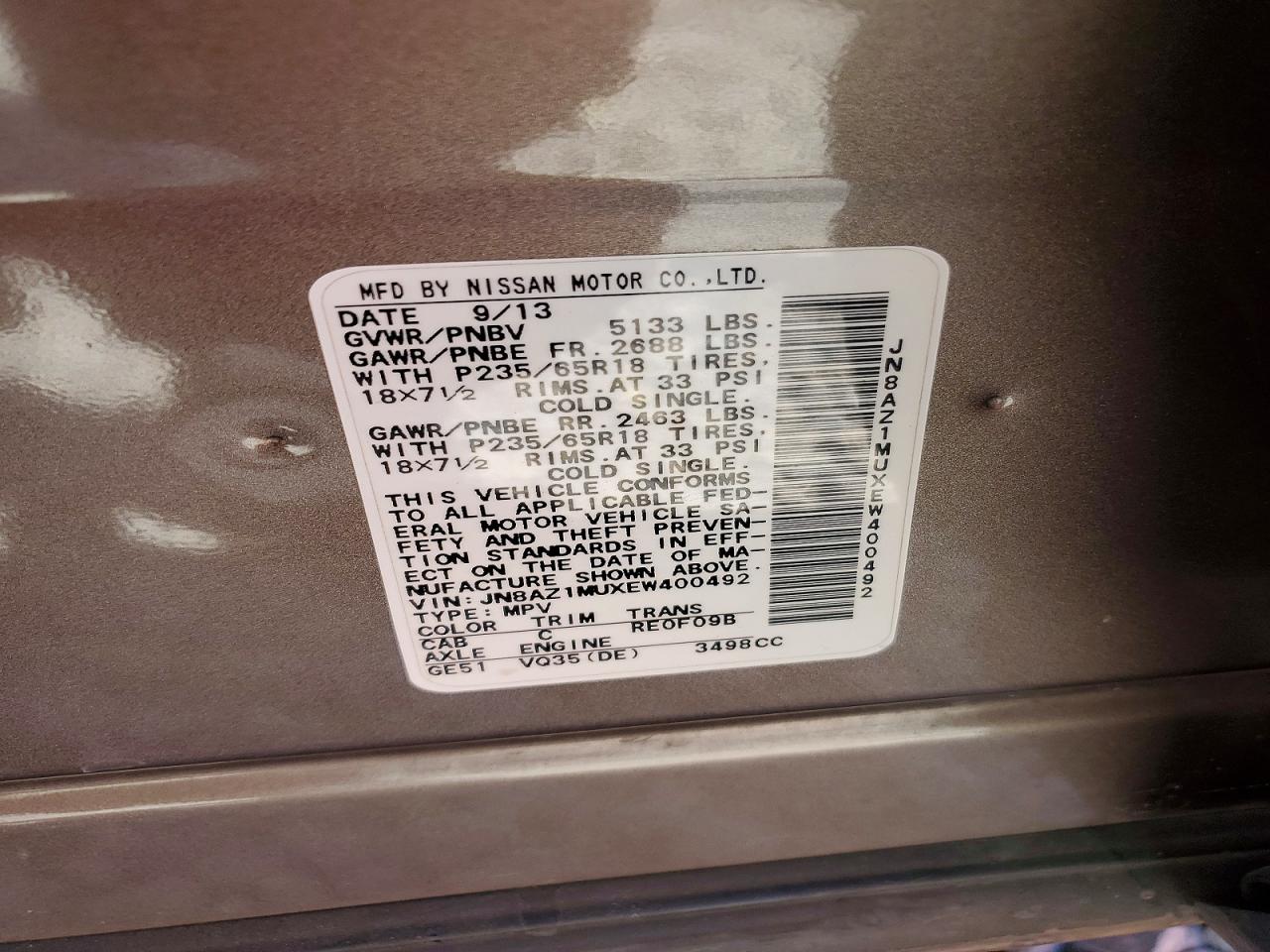 2014 Nissan Murano Sl Tan vin: JN8AZ1MUXEW400492