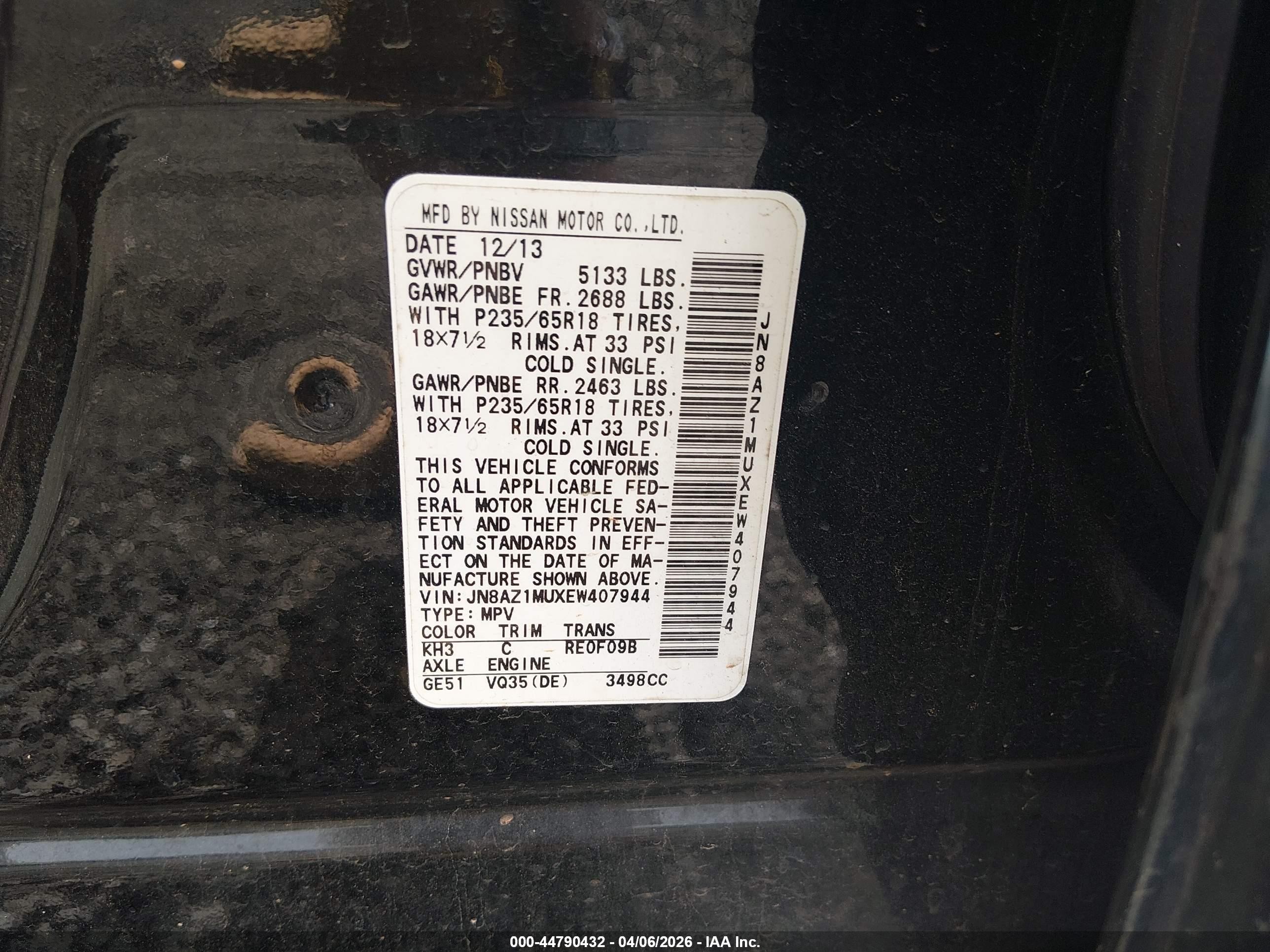 2014 Nissan Murano Sv Черный vin: JN8AZ1MUXEW407944