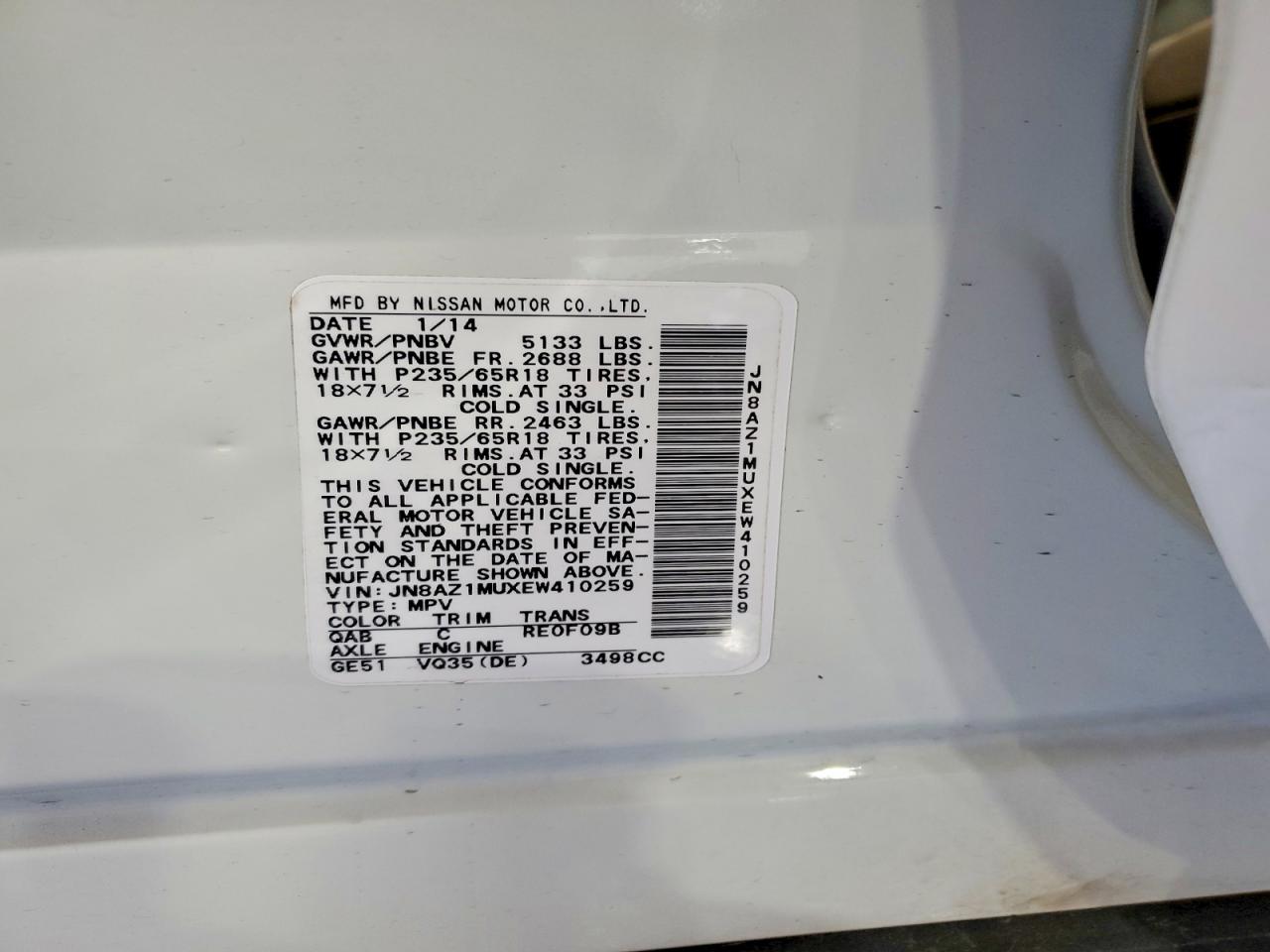 2014 Nissan Murano Sl White vin: JN8AZ1MUXEW410259