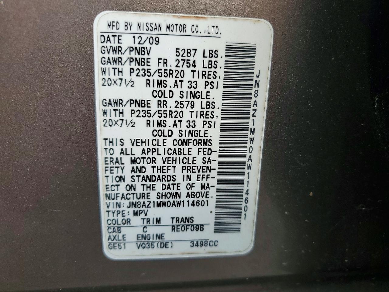 2010 Nissan Murano S Tan vin: JN8AZ1MW0AW114601