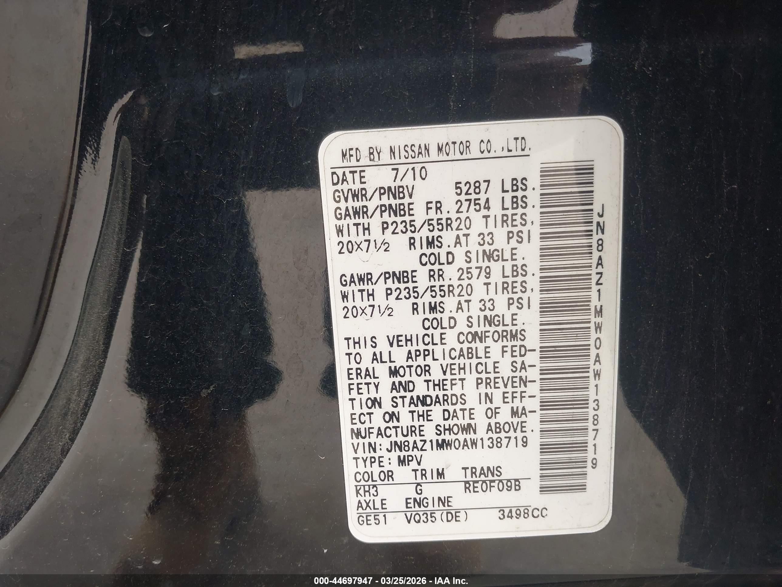 2010 Nissan Murano Le Черный vin: JN8AZ1MW0AW138719