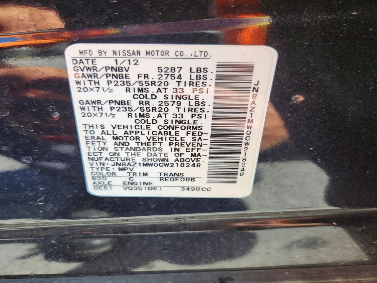 2012 Nissan Murano S Black vin: JN8AZ1MW0CW218248