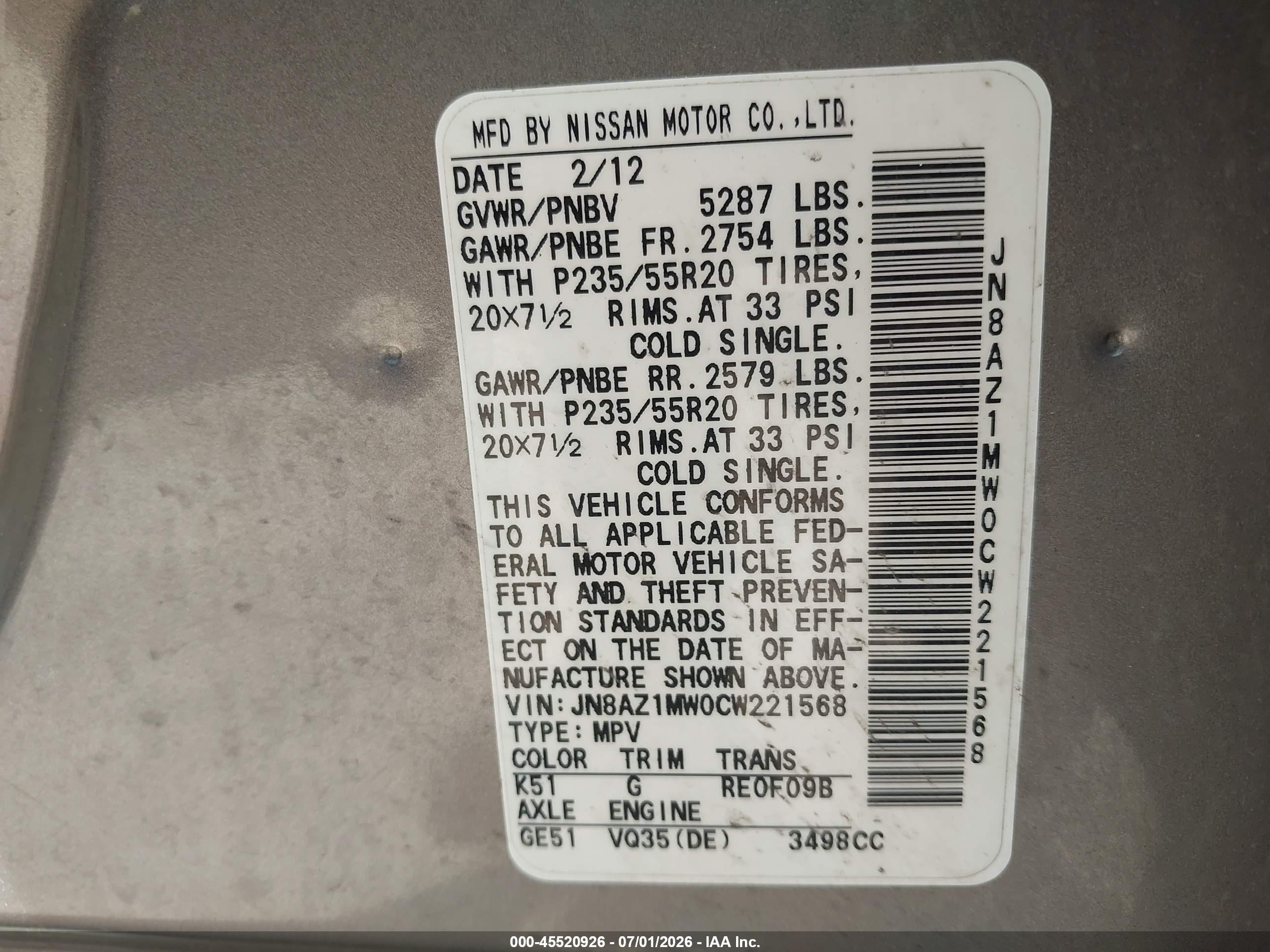 2012 Nissan Murano Le Gray vin: JN8AZ1MW0CW221568