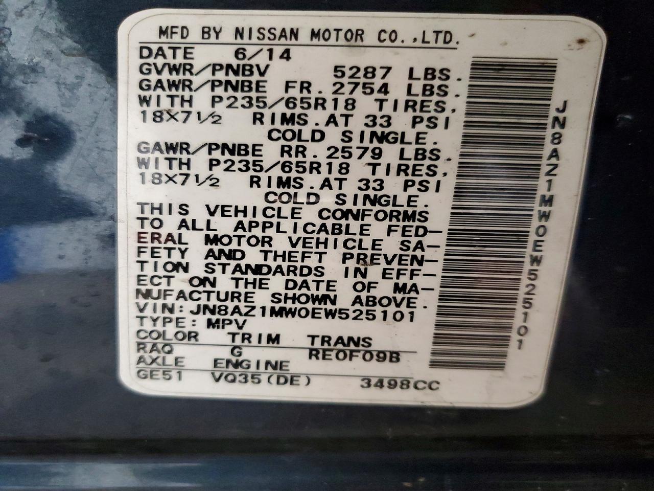 2014 Nissan Murano Sl Blue vin: JN8AZ1MW0EW525101