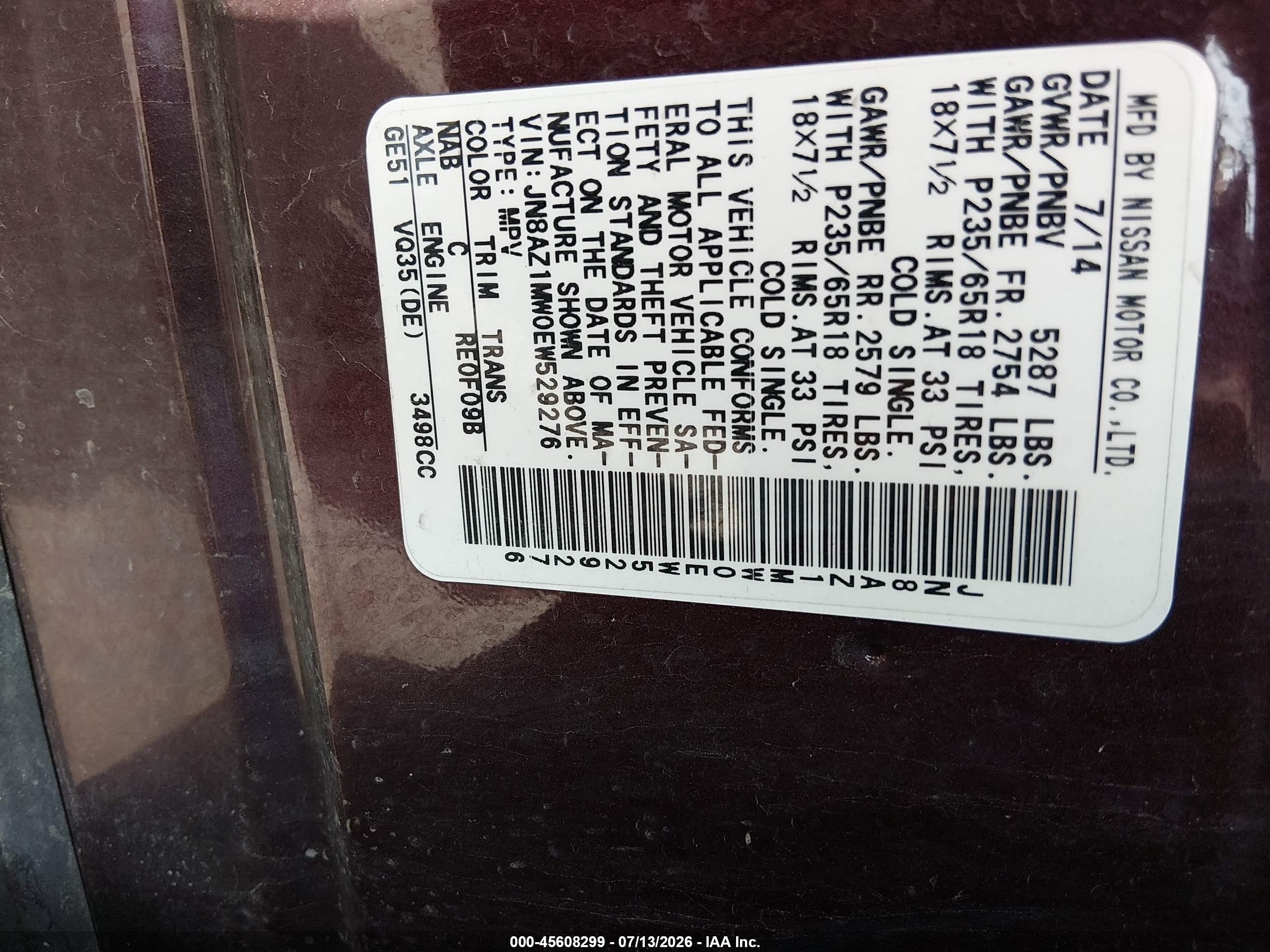 2014 Nissan Murano Sl Бордовый vin: JN8AZ1MW0EW529276