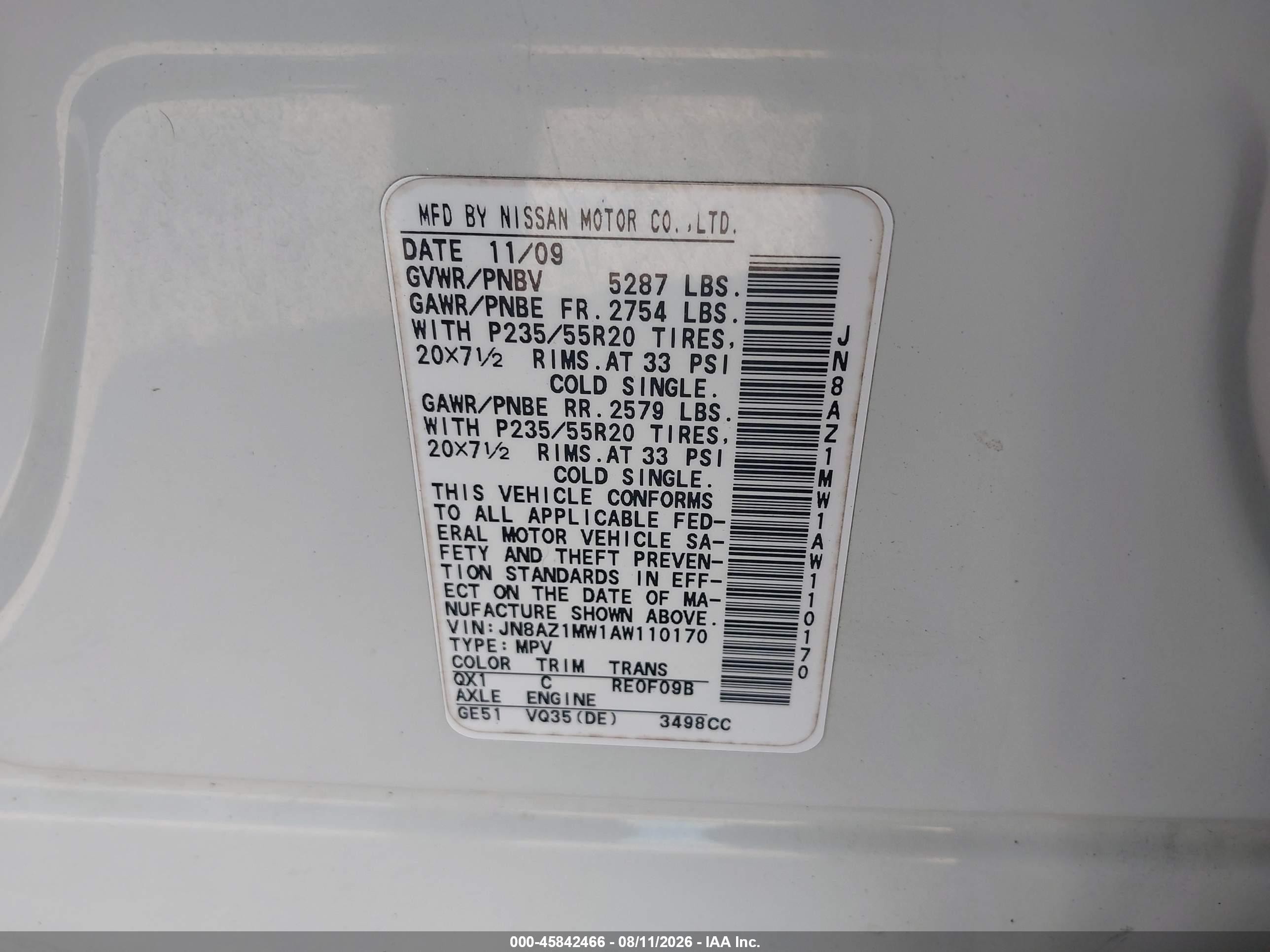 2010 Nissan Murano Le White vin: JN8AZ1MW1AW110170