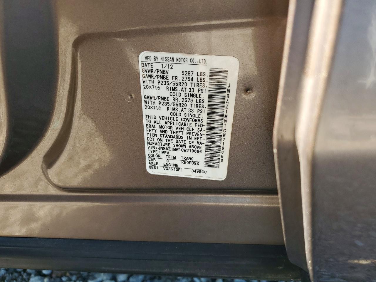 2012 Nissan Murano S Brown vin: JN8AZ1MW1CW219666