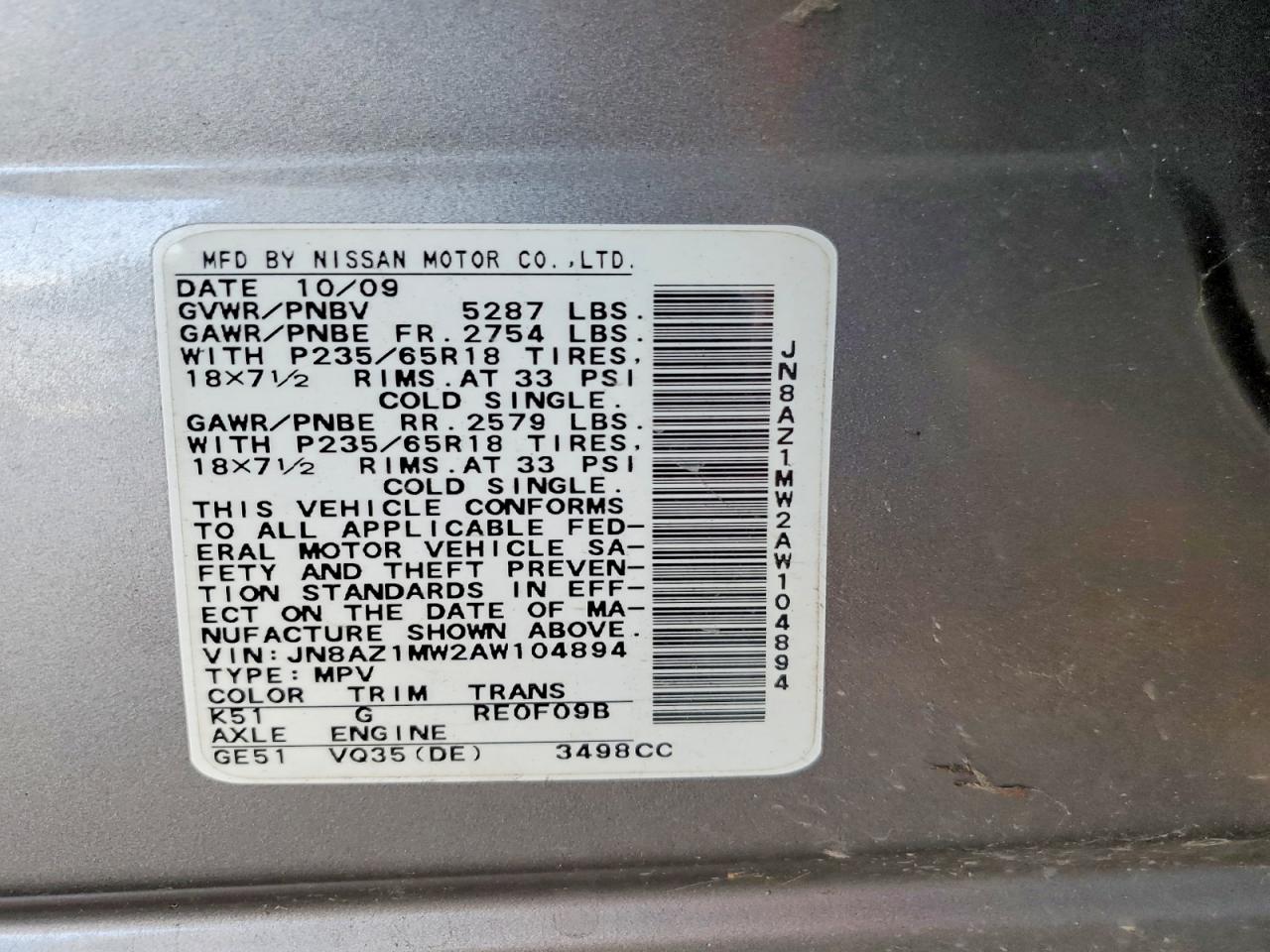 2010 Nissan Murano S Silver vin: JN8AZ1MW2AW104894
