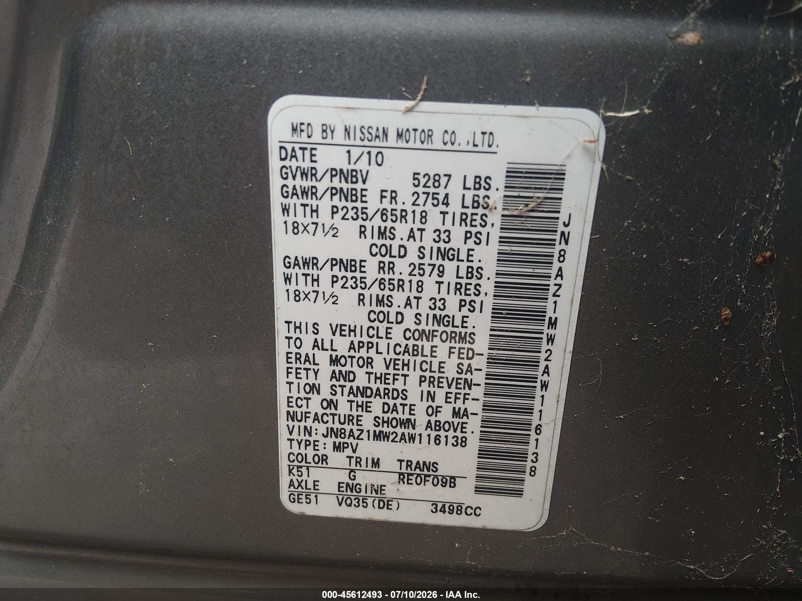 2010 Nissan Murano S Gray vin: JN8AZ1MW2AW116138