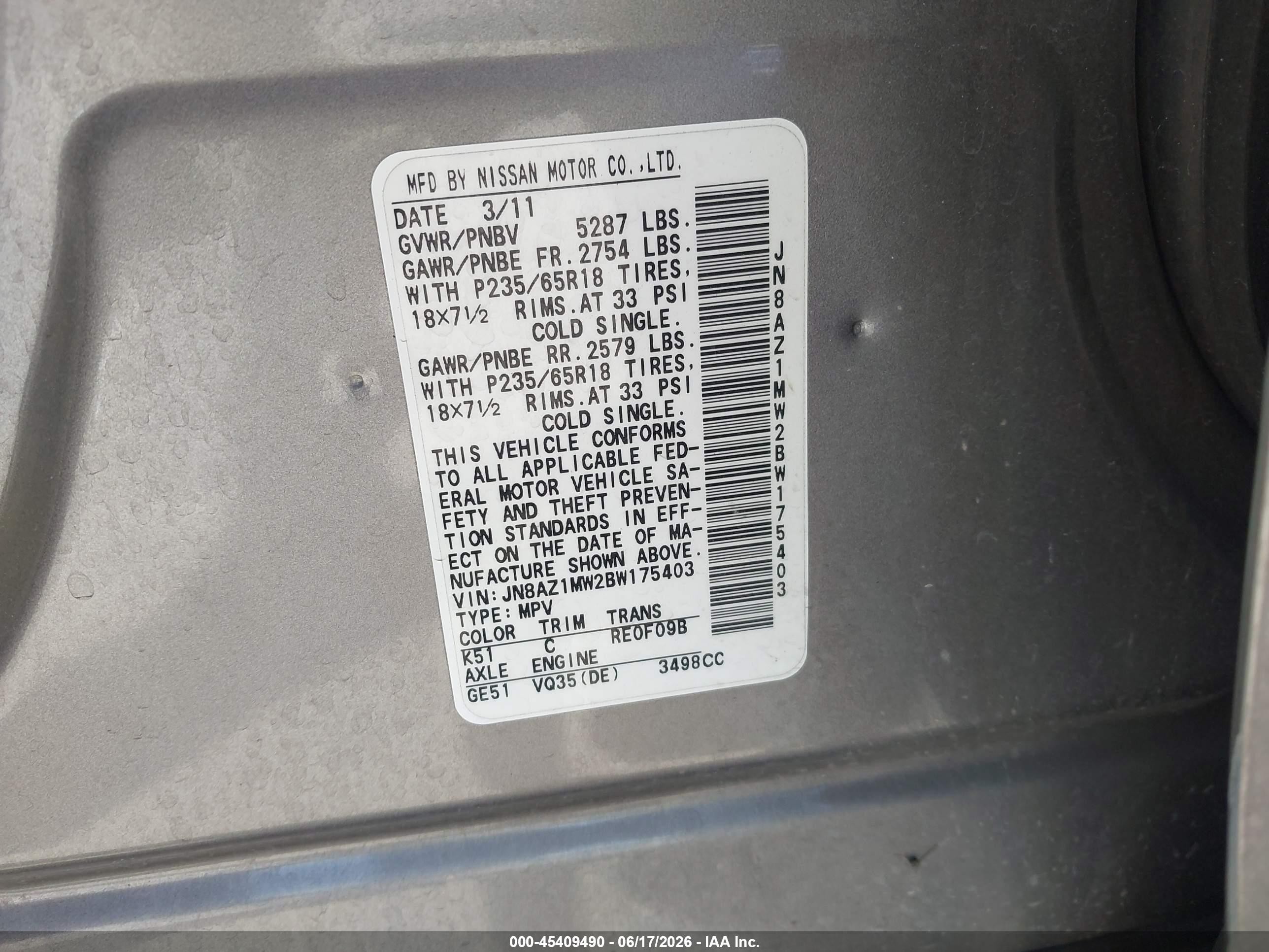 2011 Nissan Murano S Gray vin: JN8AZ1MW2BW175403