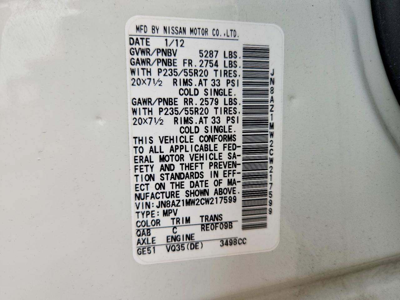 2012 Nissan Murano S White vin: JN8AZ1MW2CW217599